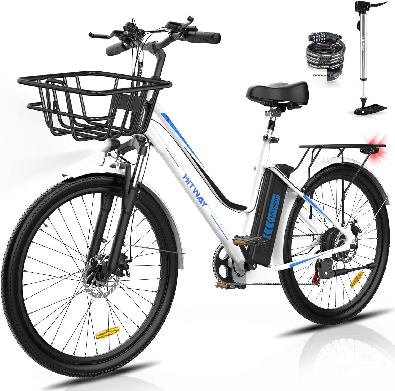 HITWAY E-Bike E-Bike 26 Zoll Elektrofahrrad mit Korb,250W,36V/11.2Ah, 7 Gang Shimano, Kettenschaltung, Heckmotor, Elektrofahrrad für Damen und Herren 165 - 190 cm, innerhalb der StVZO weiss