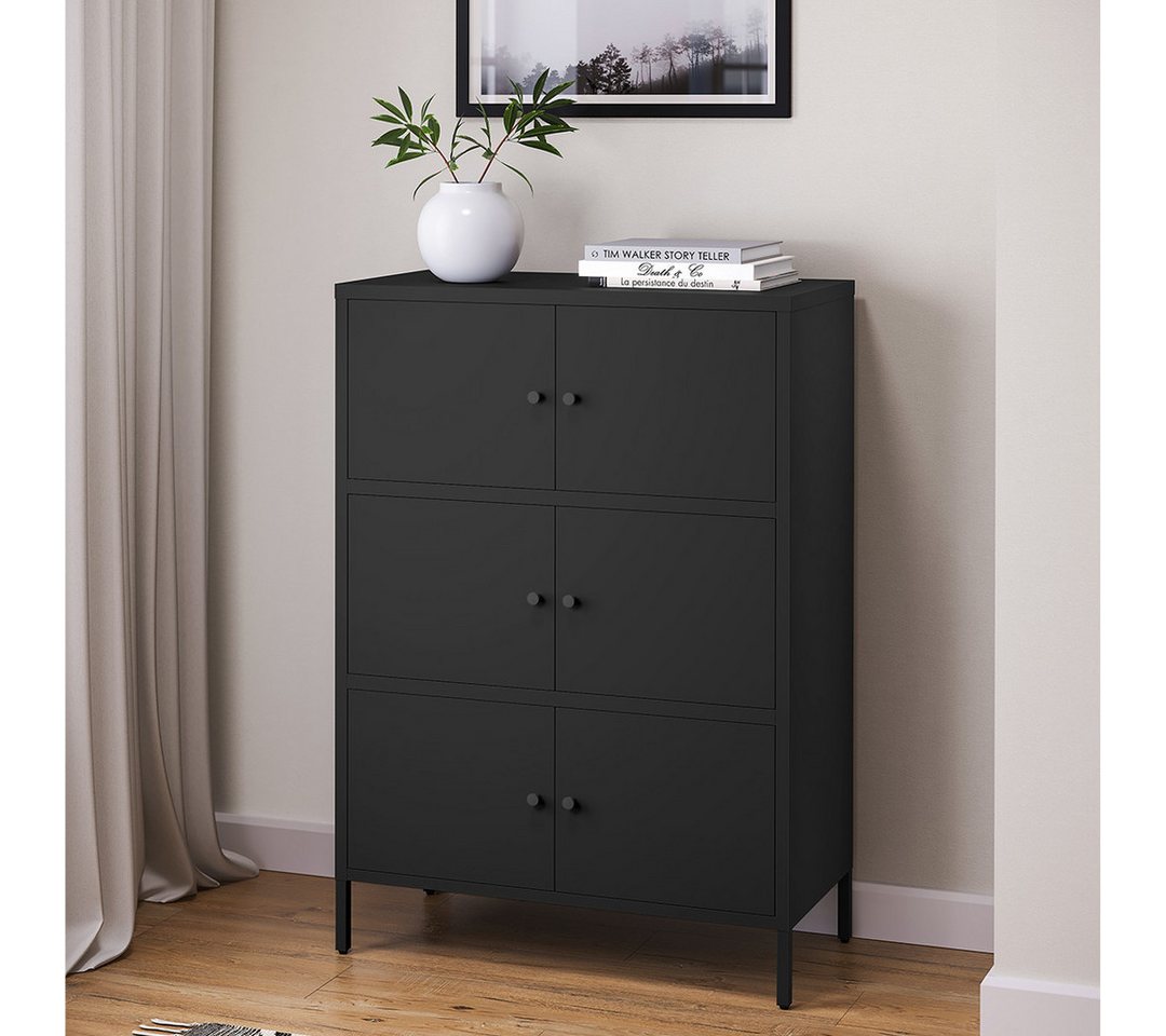 skølm Kommode Atriona aus Metall, Metallschrank mit Türen und Fächern (Schwarz, 3 Fächer & 6 Türen), 113,5 x 80 x 38 cm, auch mit 2 Fächern