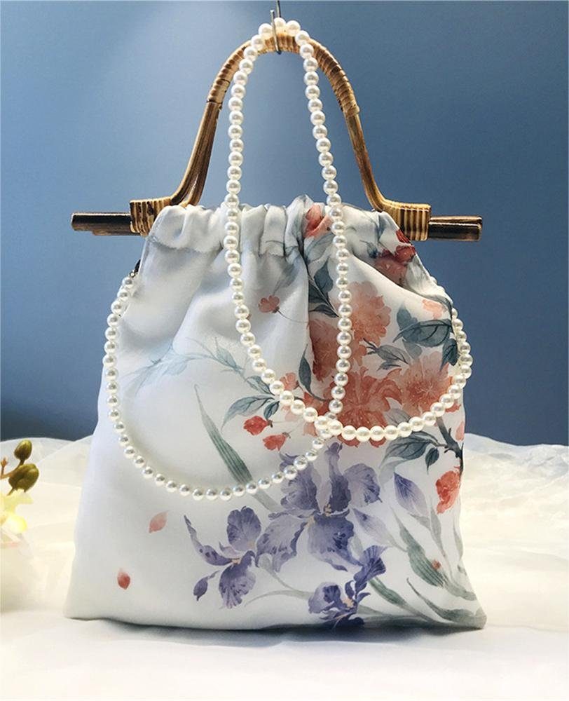 Rouemi Handtasche Damen Handtasche, Blume Quaste Druck Tasche Kordel Umhängetasche weiß-B