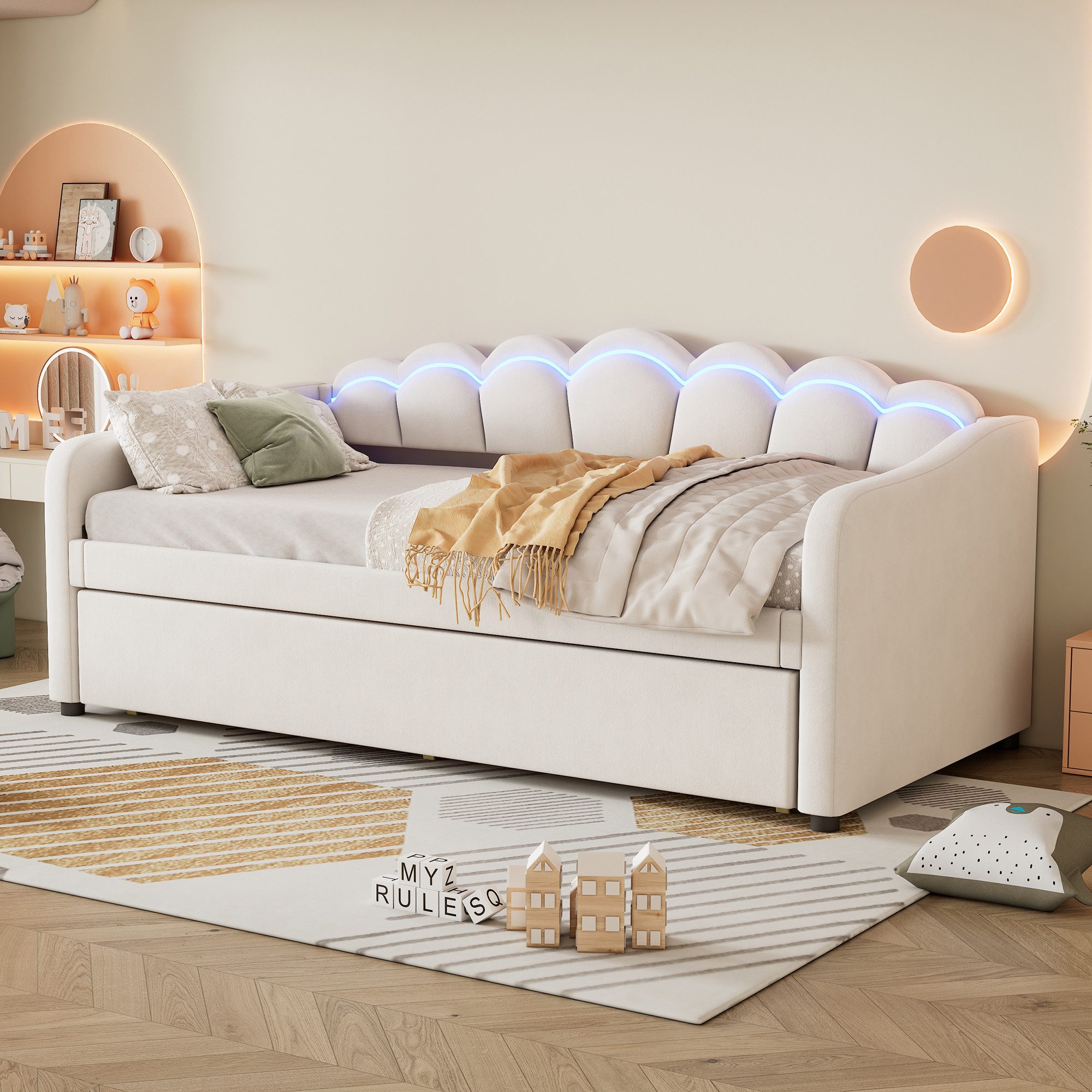 REDOM Polsterbett Schlafsofa Tagesbett mit ausziehbarem Einzelbett und Fernbedienung (Samt, farbwechselndes Umgebungslicht, Fernbedienung,minimalistisches Styling, Einzelbett Gästebett 90x200 cm), ohne Matratze