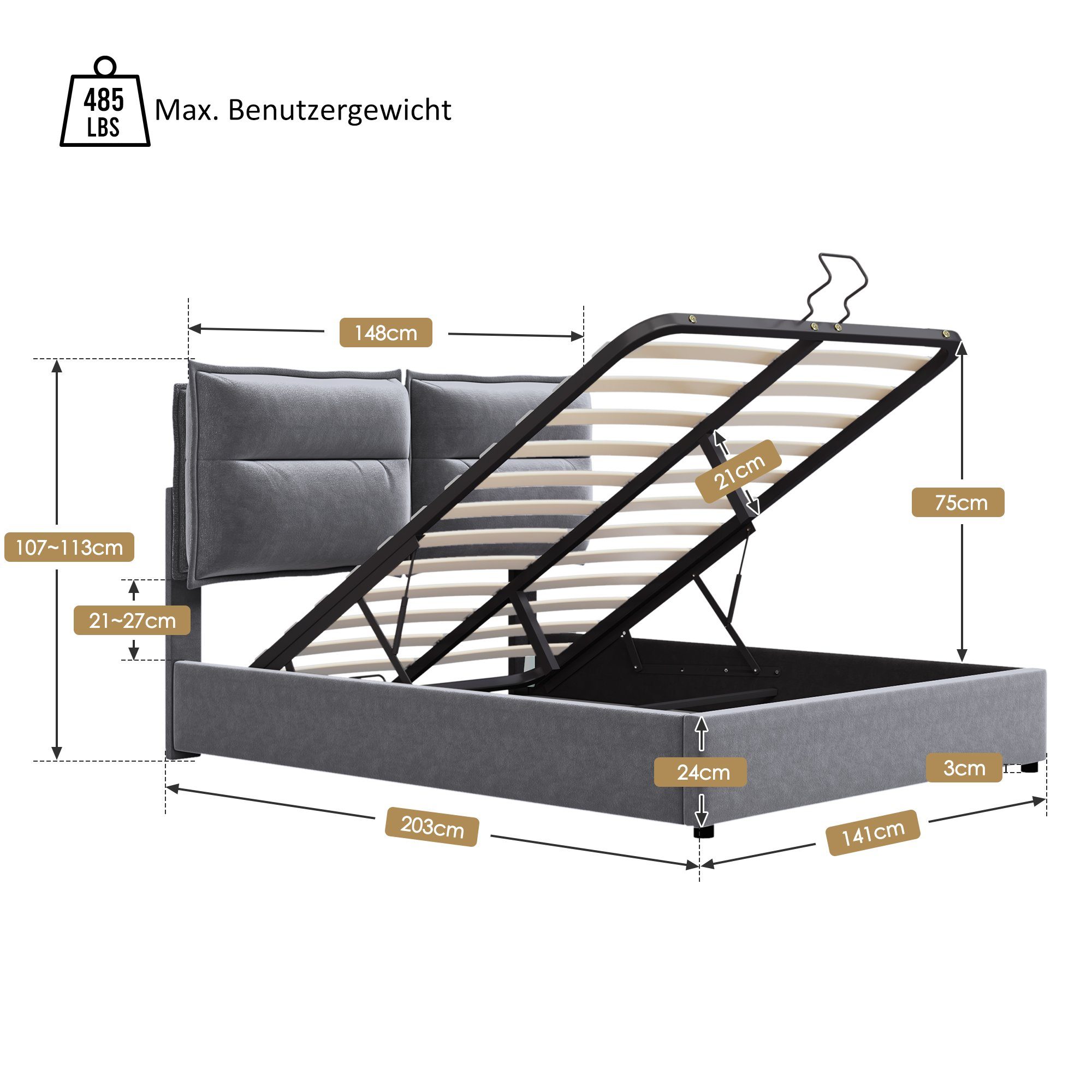 Kopfteil Kissenkopfteil Funktionsbett Polsterbett mit Doppelbett Verstellbares Mit Bett (mit 140x200cm WISHDOR Metallrahmen Lattenrost Matratze Hydraulisch Grau und Bettstauraum),