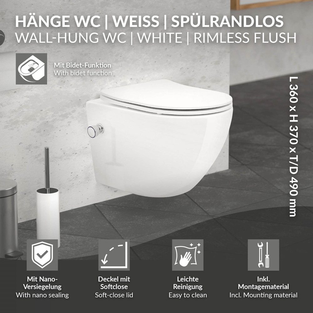 LuxeBath Tiefspül-WC Spülrandloses Hänge WC Keramik mit WC-Sitz abnehmbar Softclose, Toilette Weiß mit Nano Beschichtung kurz Bidet Funktion Lotus Effekt