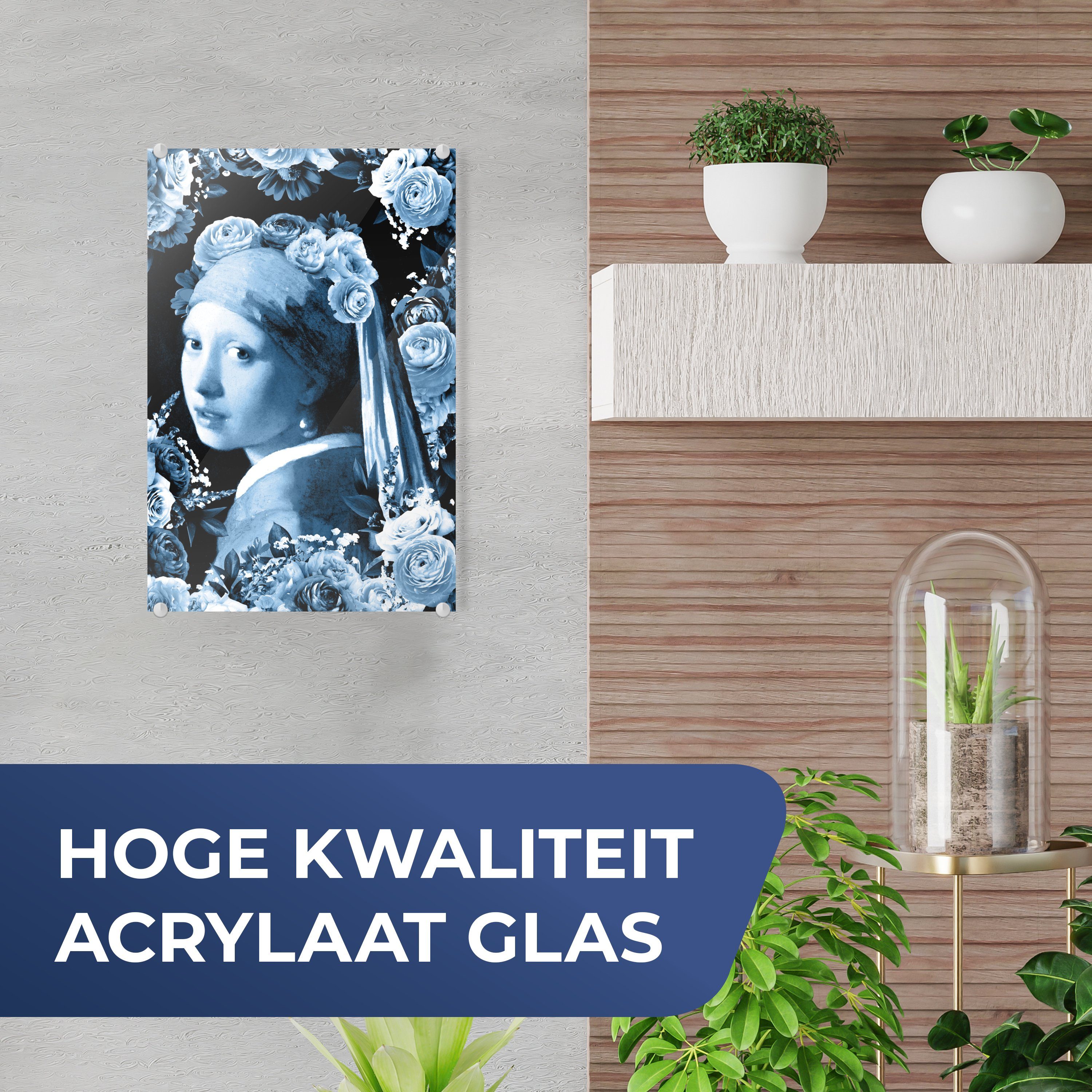 - Foto Acrylglasbild Glasbilder Glas Vermeer Glas - Perlenohrring Mädchen (1 - auf Wandbild mit St), Johannes Blau, Bilder Delfter - MuchoWow Wanddekoration auf -