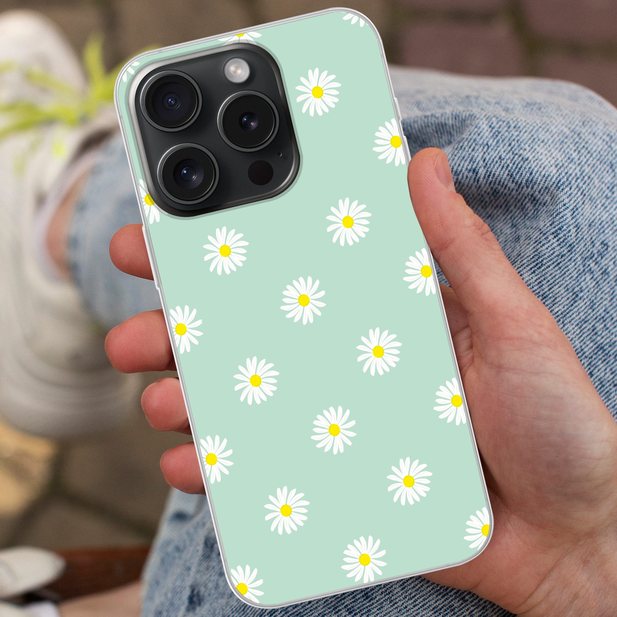 MuchoWow Handyhülle für Apple iPhone 15 Pro Gänseblümchen - Pastell - Weiß - Grün - Floral, Smartphone-Bumper, Print, Handy Schutzhülle Dünn