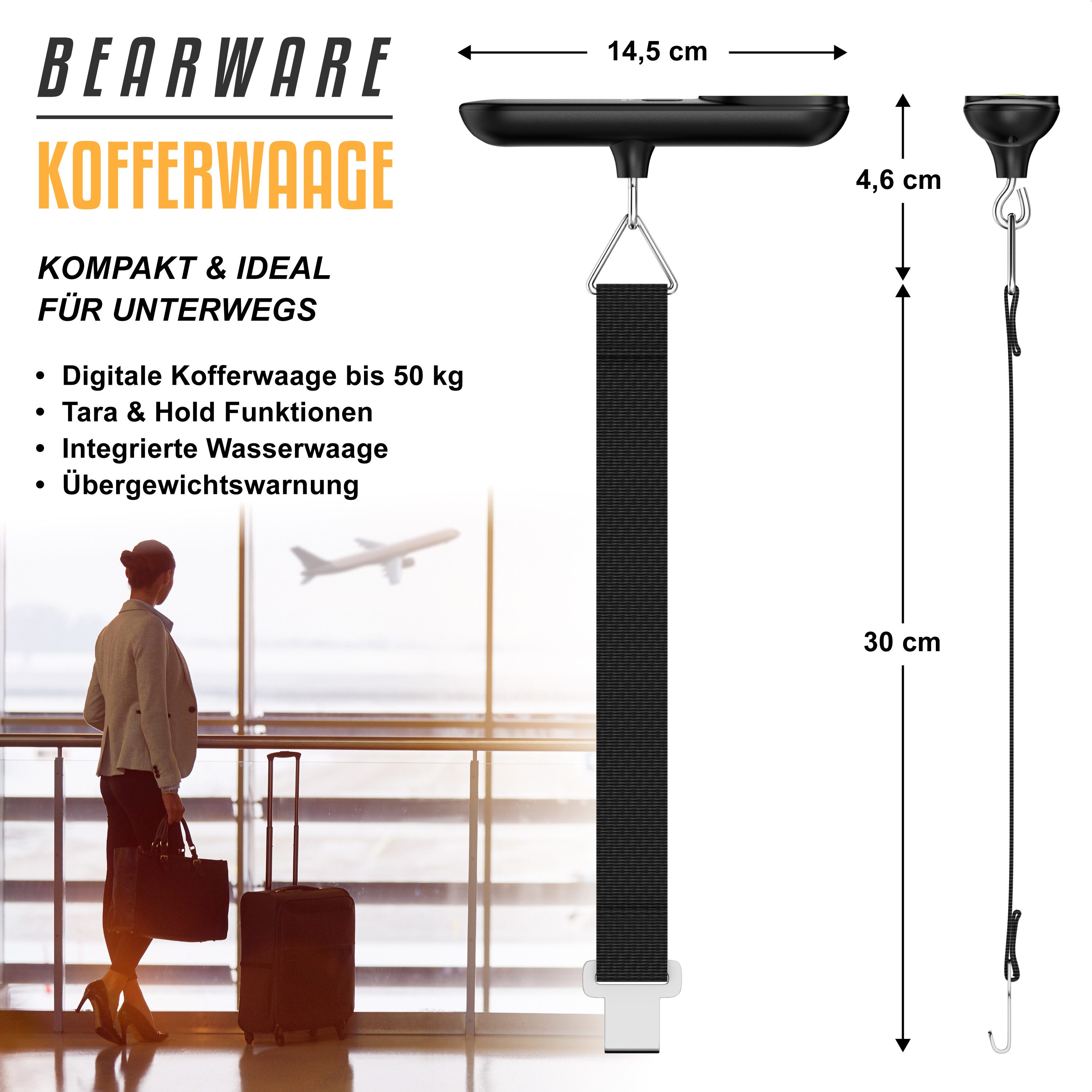 BEARWARE Kofferwaage digital mit Haken & Wiegeband, bis zu 50 kg, für Reisen, Gepäckwaage, Tragkraft 50 kg, (1-tlg), Hängewaage, Reisewaage, 10g genau, Wasserwaage, Tara, Maßband, Display
