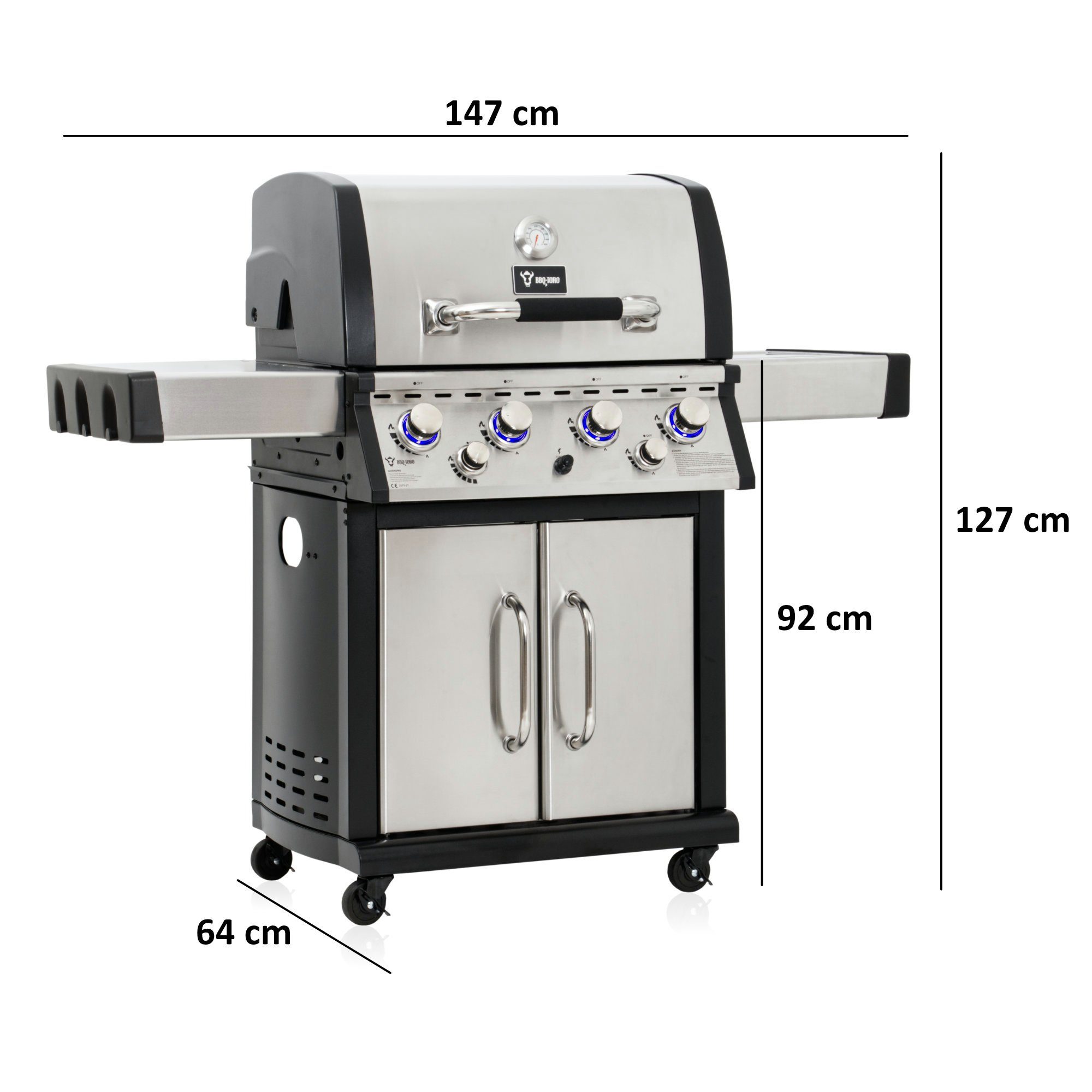 BBQ-Toro Gasgrill Premium Edelstahl Gasgrill - 4 Brenner + Seitenbrenner  und Backburner