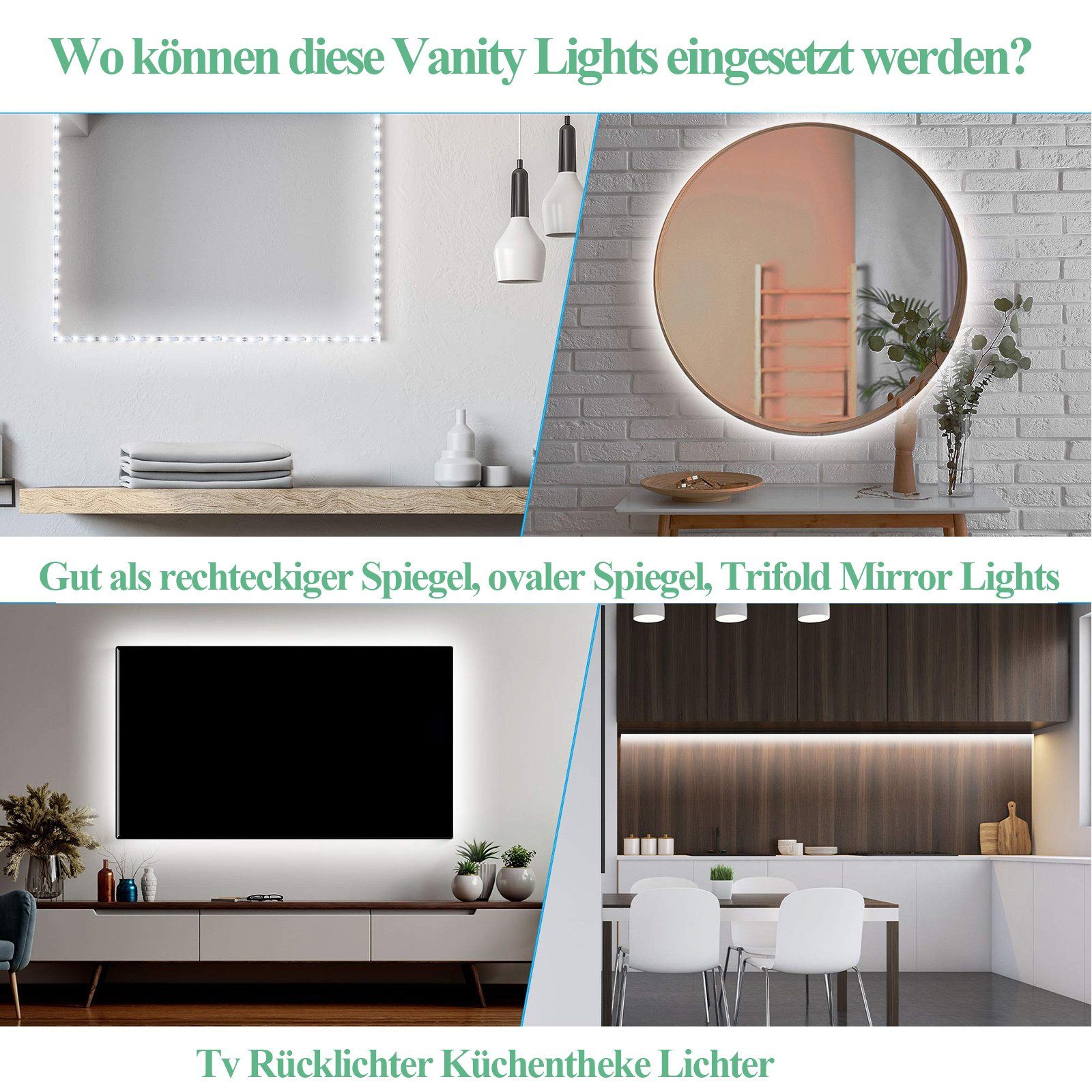 USB DIY LED LED-Streifens LED-Lichtspiegel Hollywood Dimmbar Kosmetikspiegel & Speicherfunktion, LED Biegbar LED-Lichtleiste MUPOO Kosmetikspiegel 1M-Weiß, Spiegelleuchte