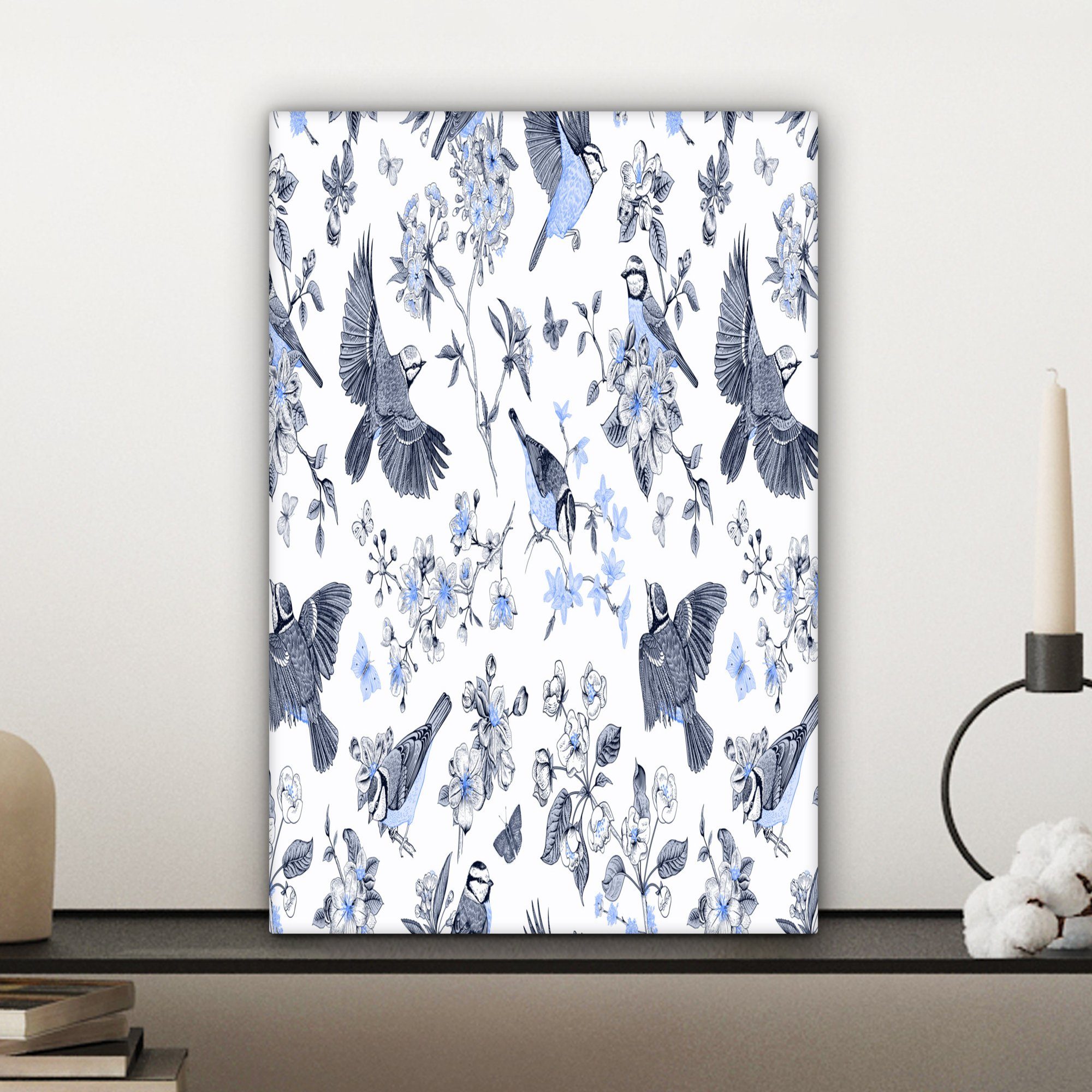 (1 inkl. - - Leinwandbild Gemälde, St), bespannt fertig 20x30 cm Vogel Blau, Zackenaufhänger, Blumen Leinwandbild OneMillionCanvasses®