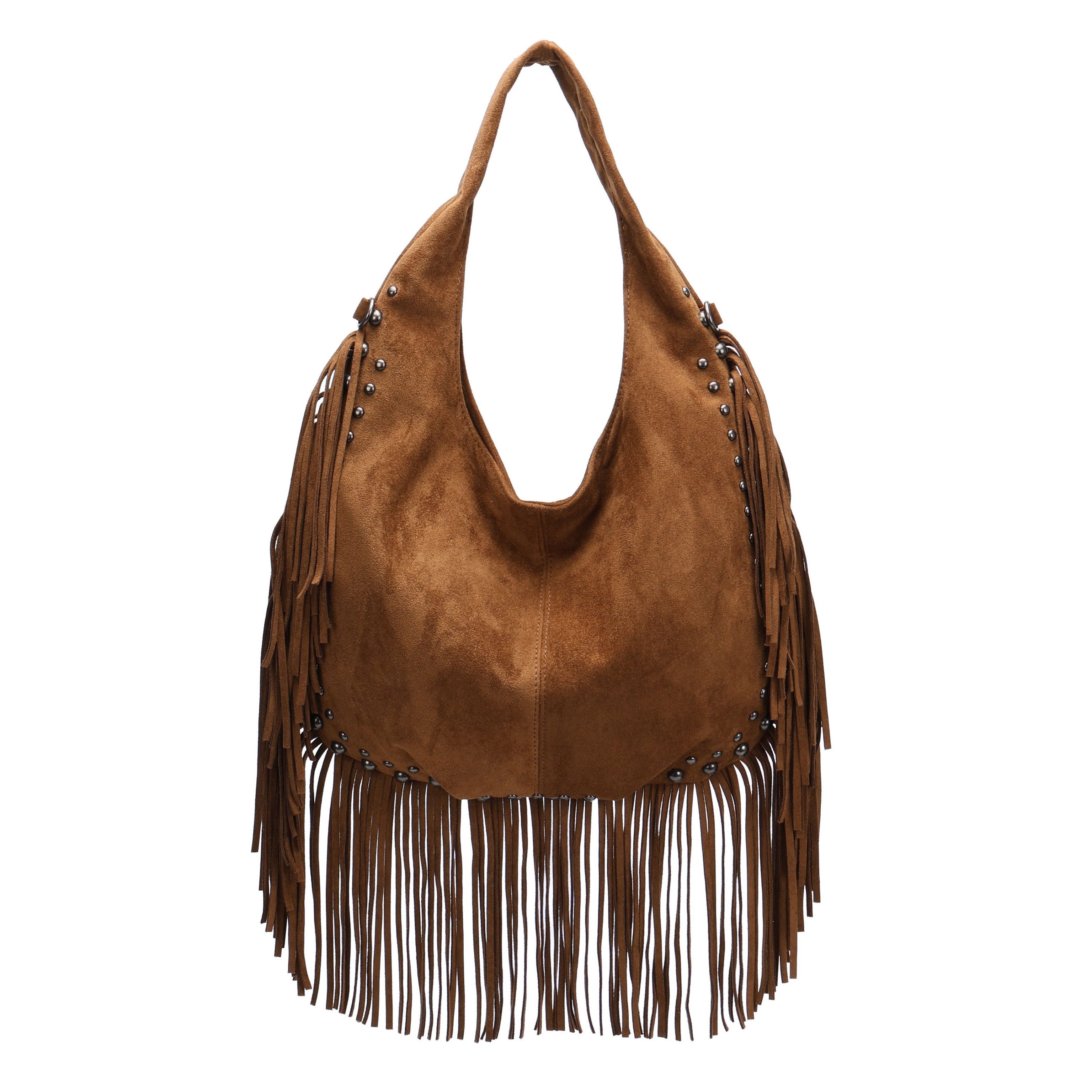 MIRROSI Shopper Damen Fransen Schultertasche Wildleder-Optik aus Polyester (Neue Kollektion Herbst/Winter 2026, ca. 41 x 5 x 37 cm), Boho Tasche mit Fransen, Nieten & langem Riemen