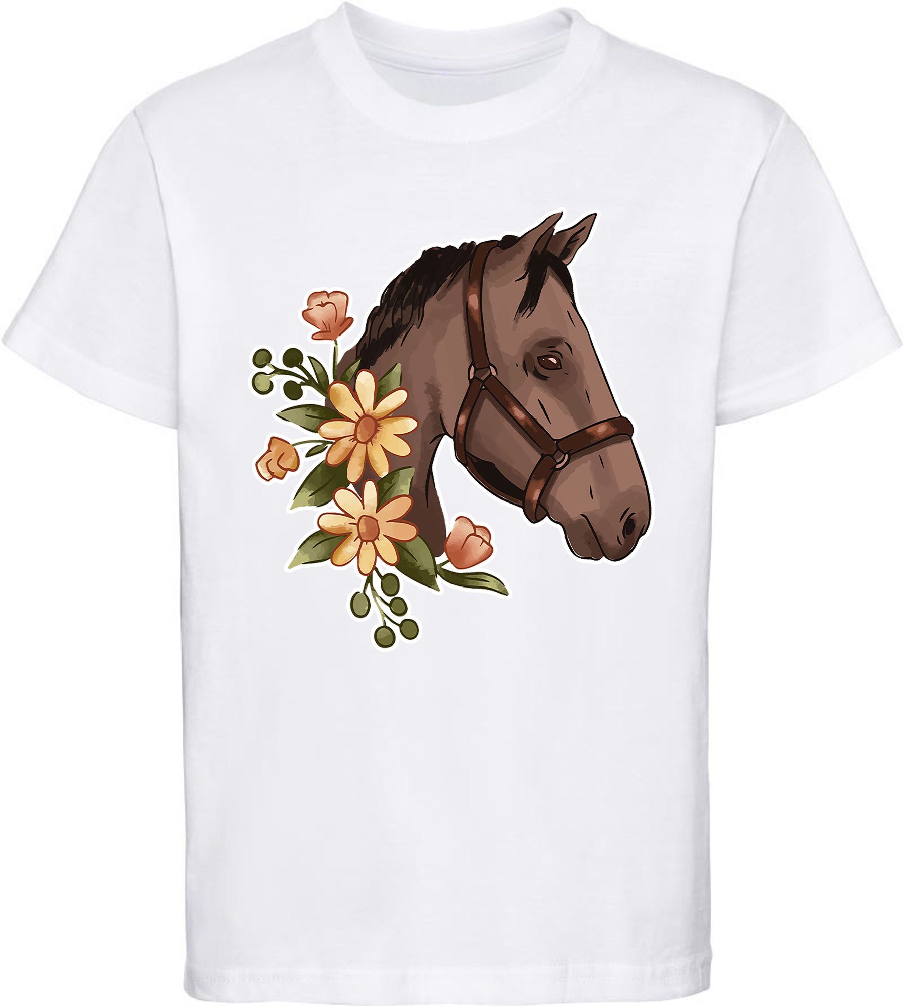 MyDesign24 Print-Shirt bedrucktes Mädchen T-Shirt - Dunkelbrauner Pferdekopf mit Blumen Baumwollshirt mit Aufdruck, i180 weiss