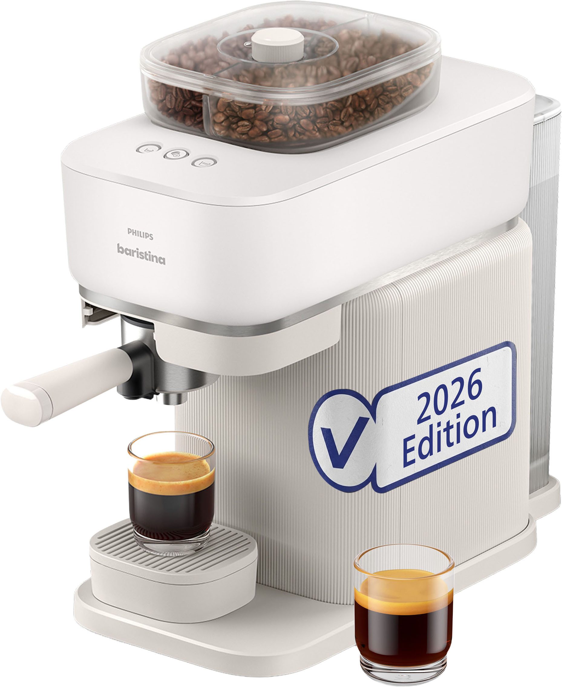 PHILIPS baristina Espressomaschine mit Bean swap BAR320/00 mit Mahlwerk für ganze Bohnen, Doppelter Bohnenbehälter, 16 bar Pumpendruck, Naturweiß​