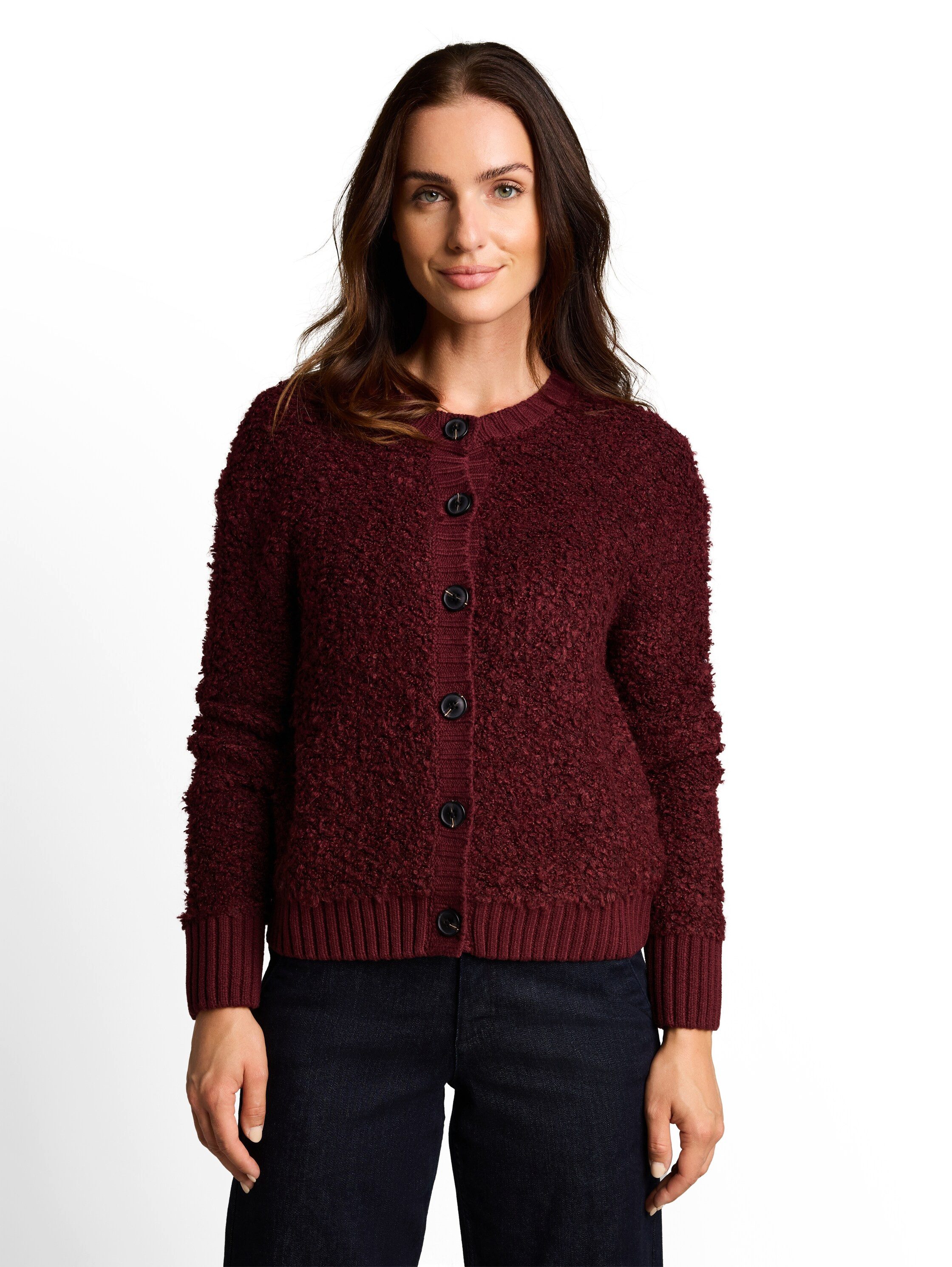 TOM TAILOR Cardigan Strickjacke in trendiger Bouclé-Optik / Rundhals mit Knopfleiste