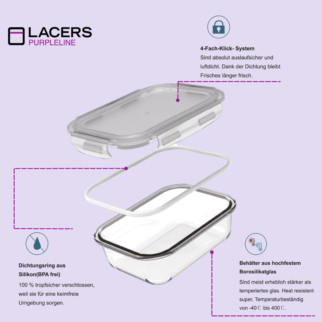 Lacers Frischhaltedose Lacers PurpleLine Frischhaltedosen Set aus Glas 20er-Set mit Deckel, (20-tlg)