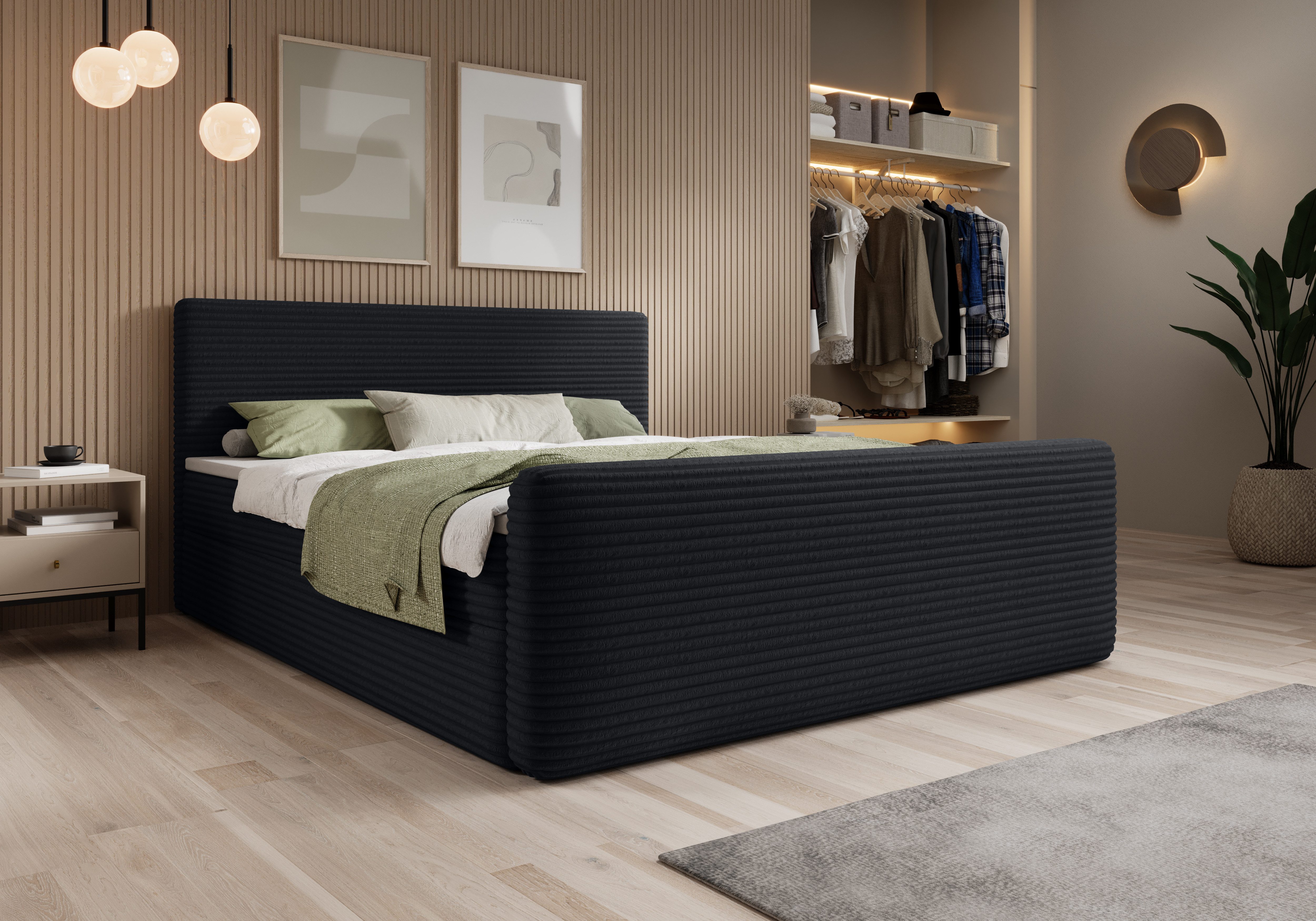 thematys Boxbett Cord mit Bettkasten 140x200–200x200 cm – Luxus Boxbett (Polsterbett Bonnellfederkern Matratze H3 + Gratis 3cm Topper, Doppelbett mit Stauraum)