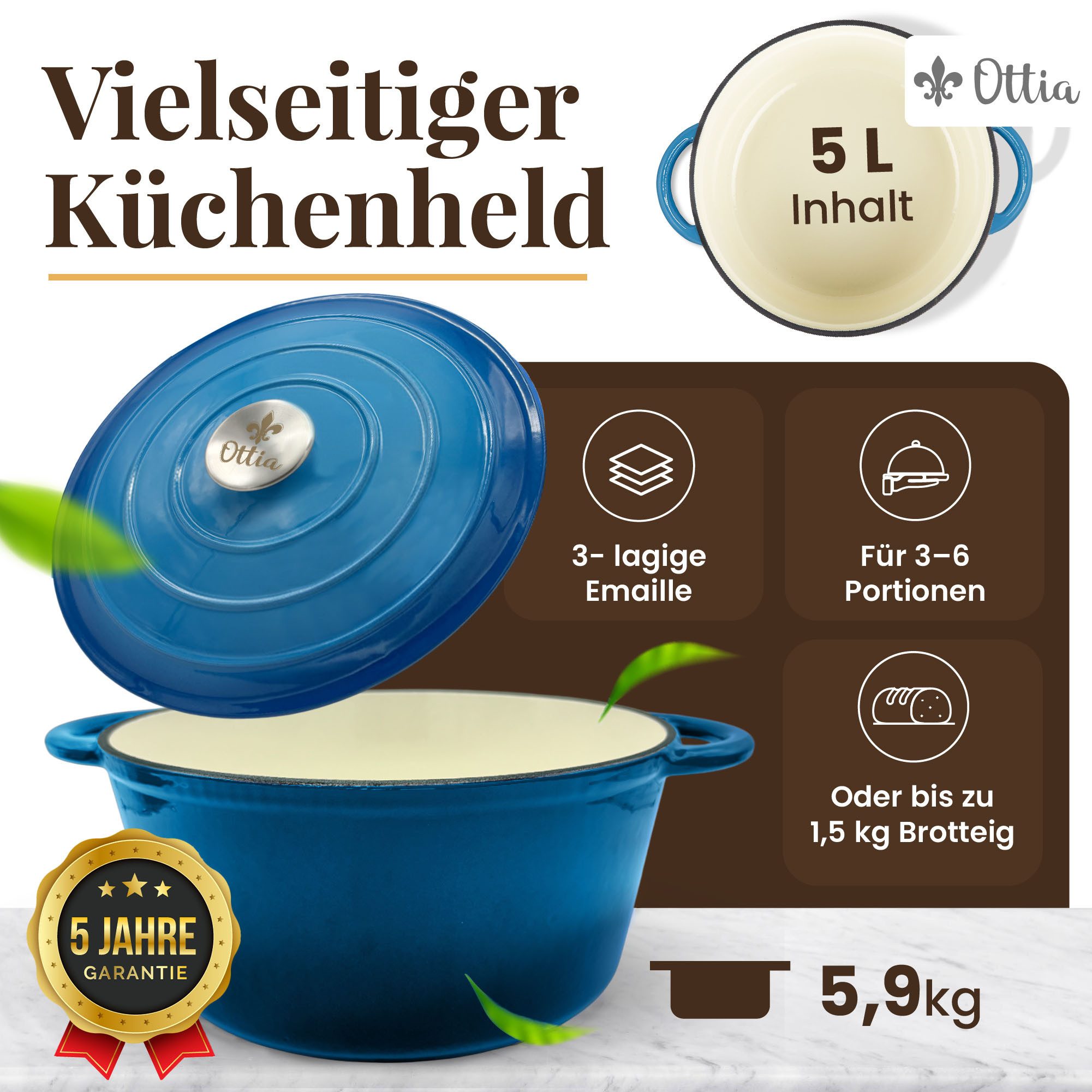 Ottia Schmortopf Gusseisen Topf lc, 26cm groß, 5L, Bräter, Brotbacktopf, Gusseisen, 3-fach Emaille, Händler aus Hamburg