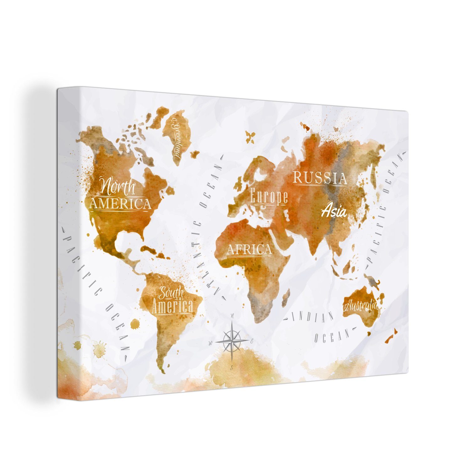 OneMillionCanvasses® Leinwandbild Weltkarte - Braun - Farbe, (1 St), Wandbild Leinwandbilder, Aufhängefertig, Wanddeko, 30x20 cm