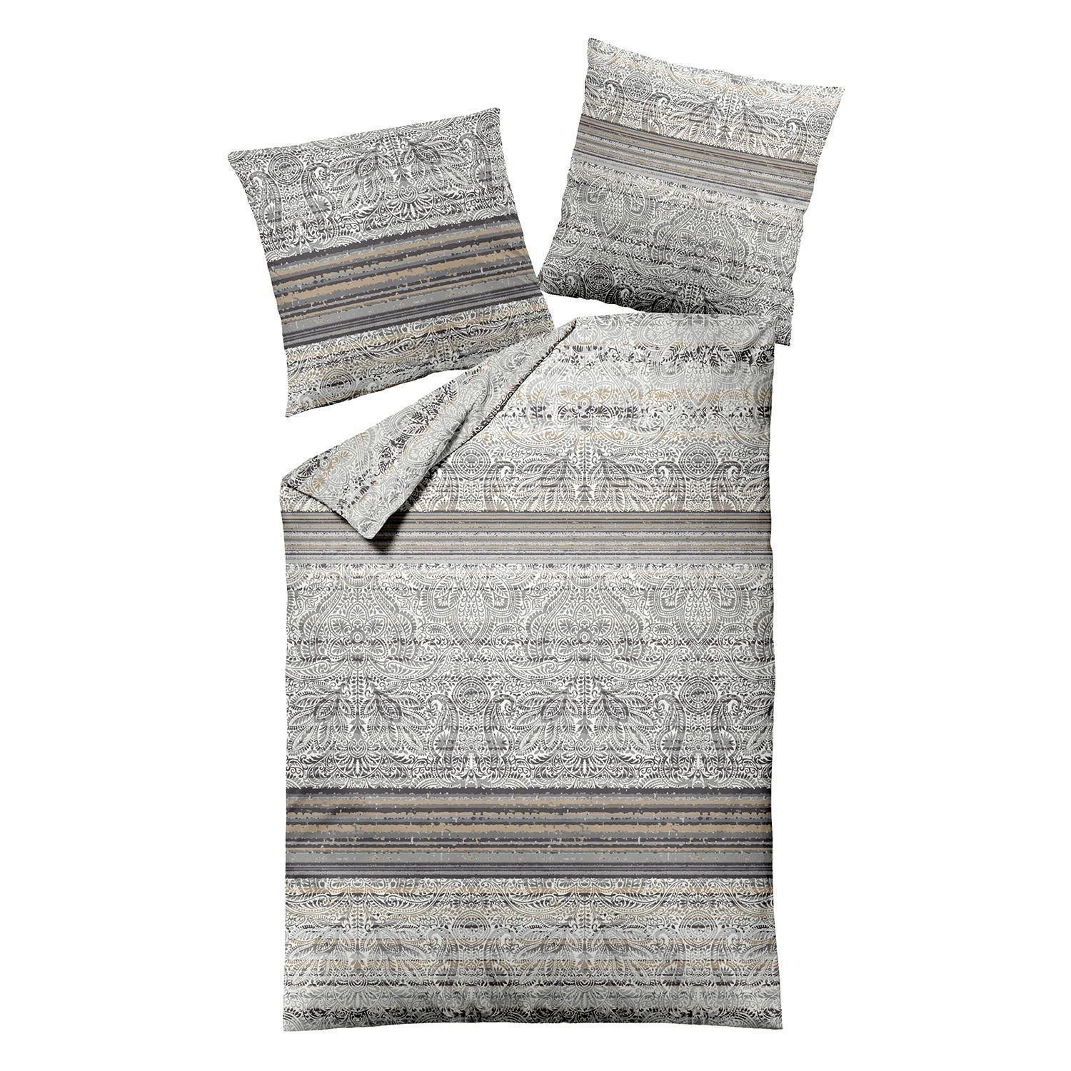 MONDO Bettwäsche ALCORA, Satin, 155 x 220 cm, Grau, Beige, Baumwolle, 2 teilig, mit Reißverschluss