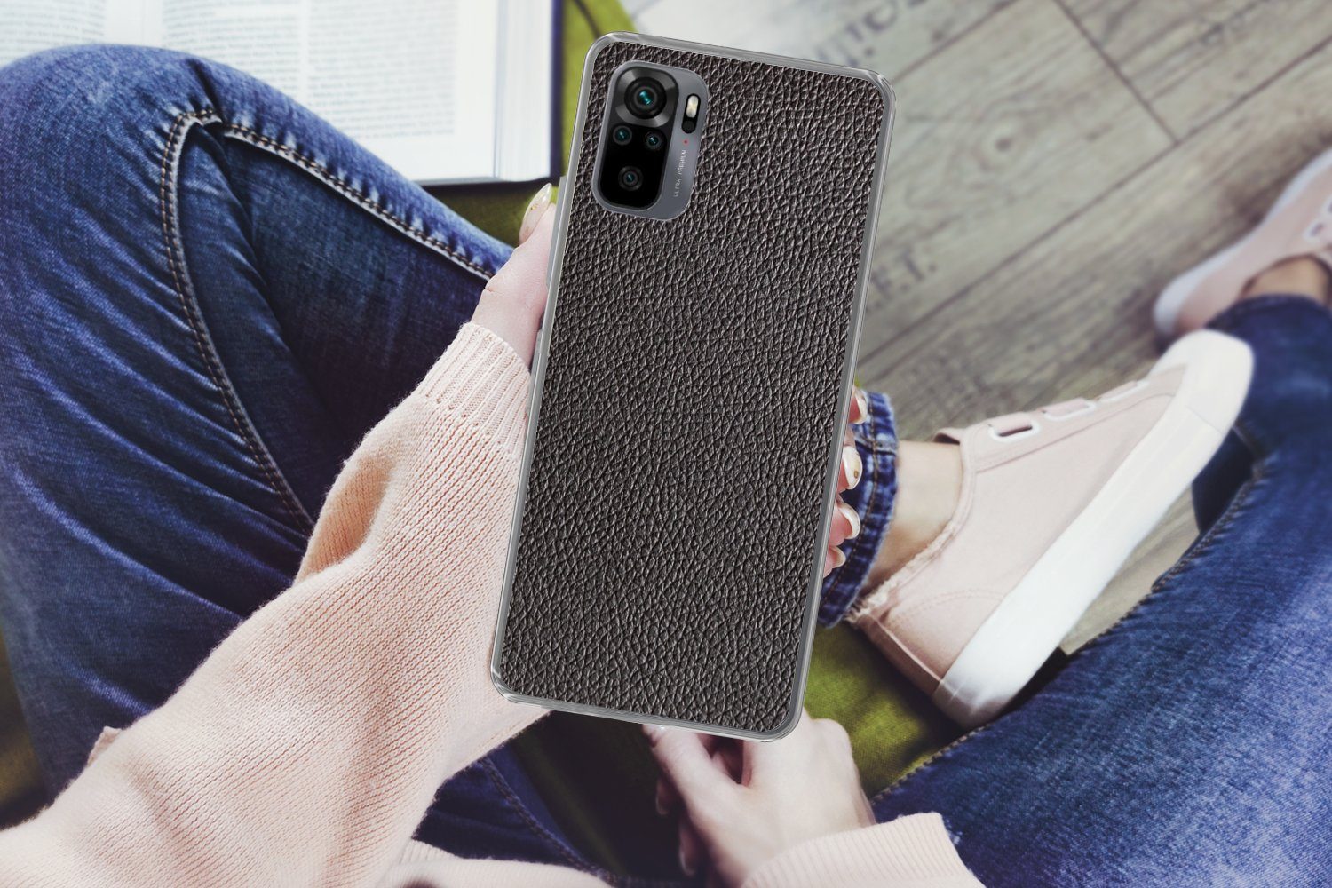 MuchoWow Handyhülle für Xiaomi Redmi Note 10S Leder - Lederoptik - Schwarz - Hell, Phone Case, Silikon, Schutzhülle Dünn