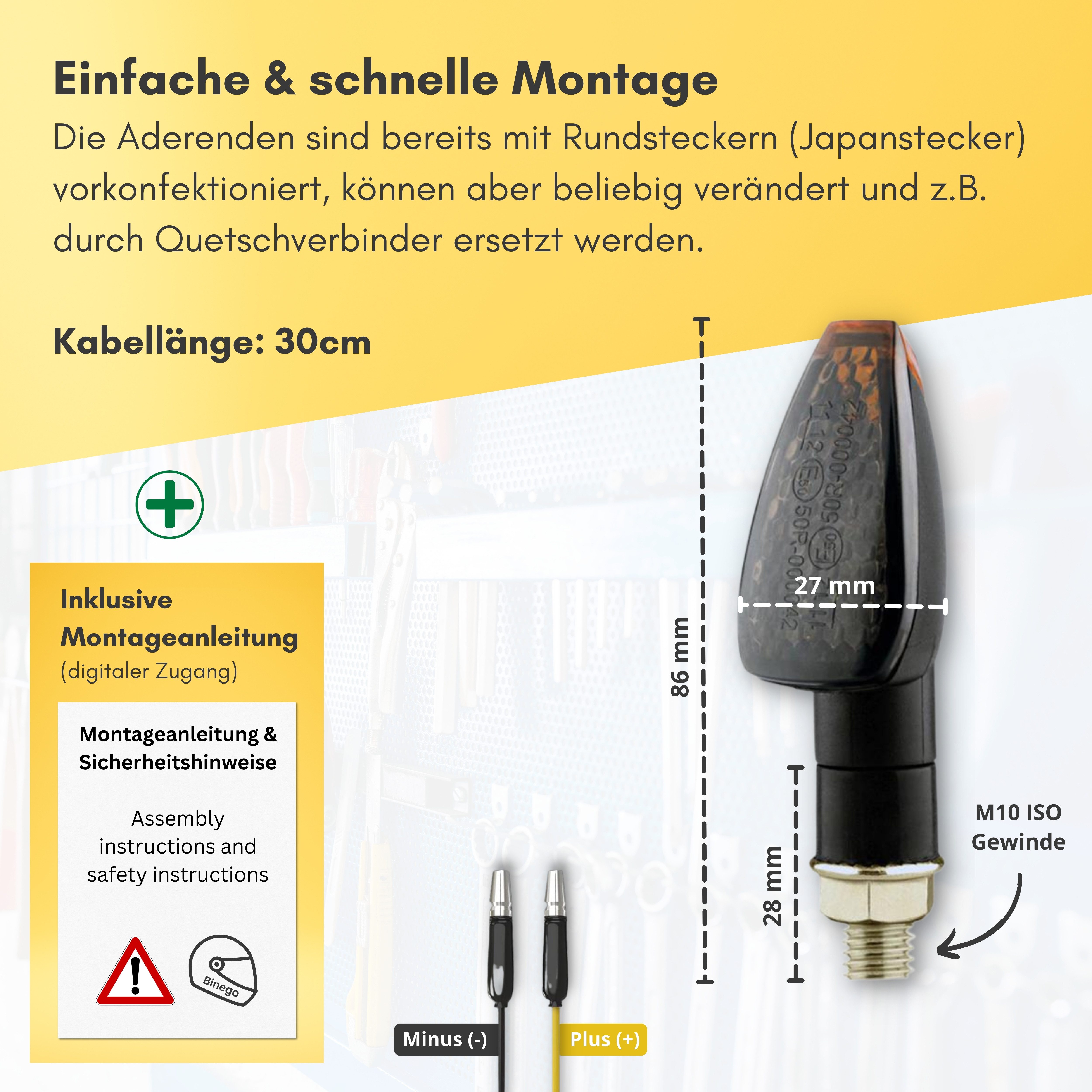 Binego Blinker 4x Motorrad LED Blinker Mini Rauchglas Getönt E Geprüft, LED Blinklicht, LED fest integriert, Gelb