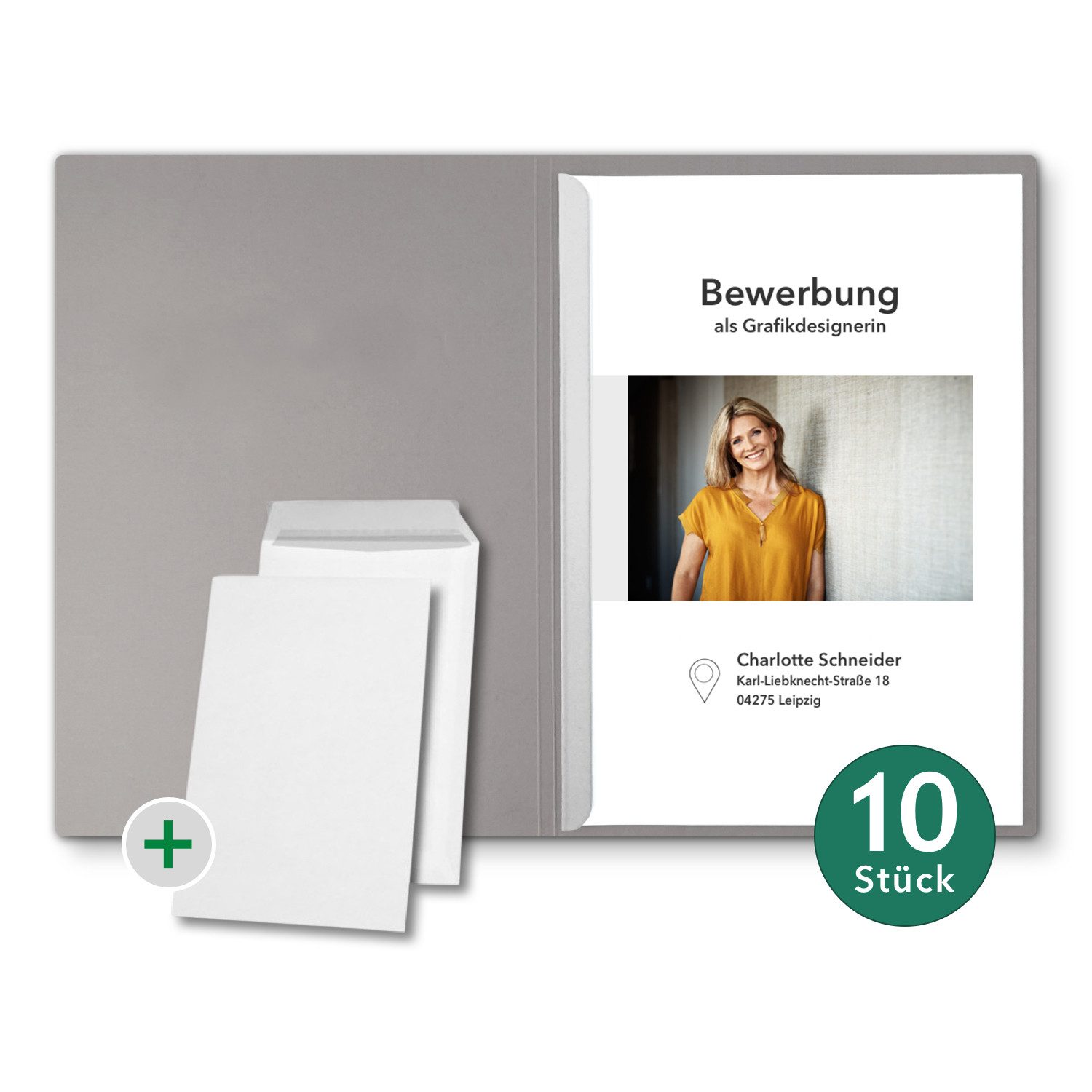 STRATAG Bewerbungsmappe Lederstruktur - 10 Stück 1-tlg mit 1 Klemmschiene & B4 Versandtaschen (Set, 10-St., mit hochwertiger Relief-Prägung BEWERBUNG), direkt vom Hersteller STRATAG - handgefertigt in Deutschland