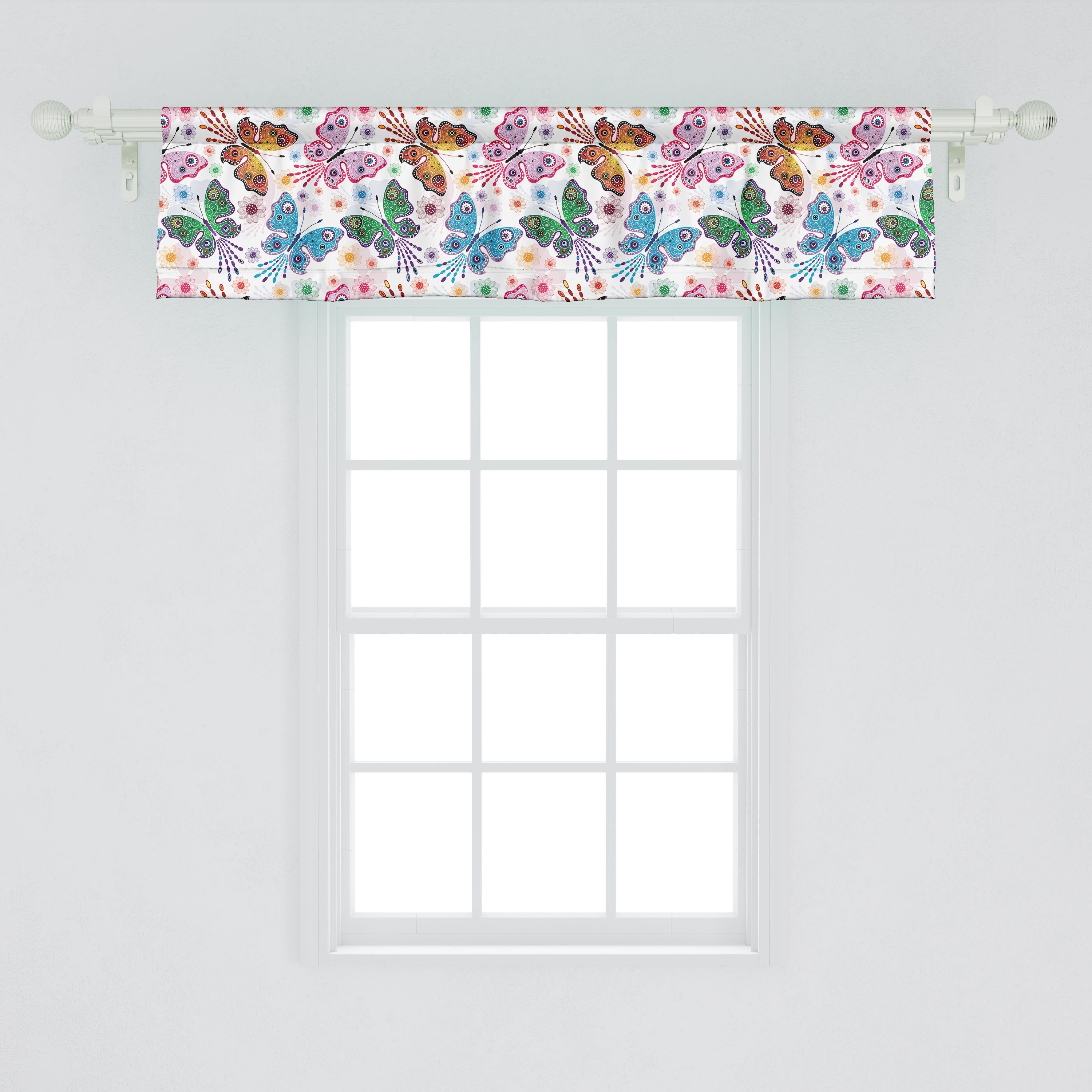 Scheibengardine Vorhang Volant für Küche Stangentasche, Schlafzimmer Floral mit Schmetterling Dekor Vibrierende Abakuhaus, ethnische Microfaser