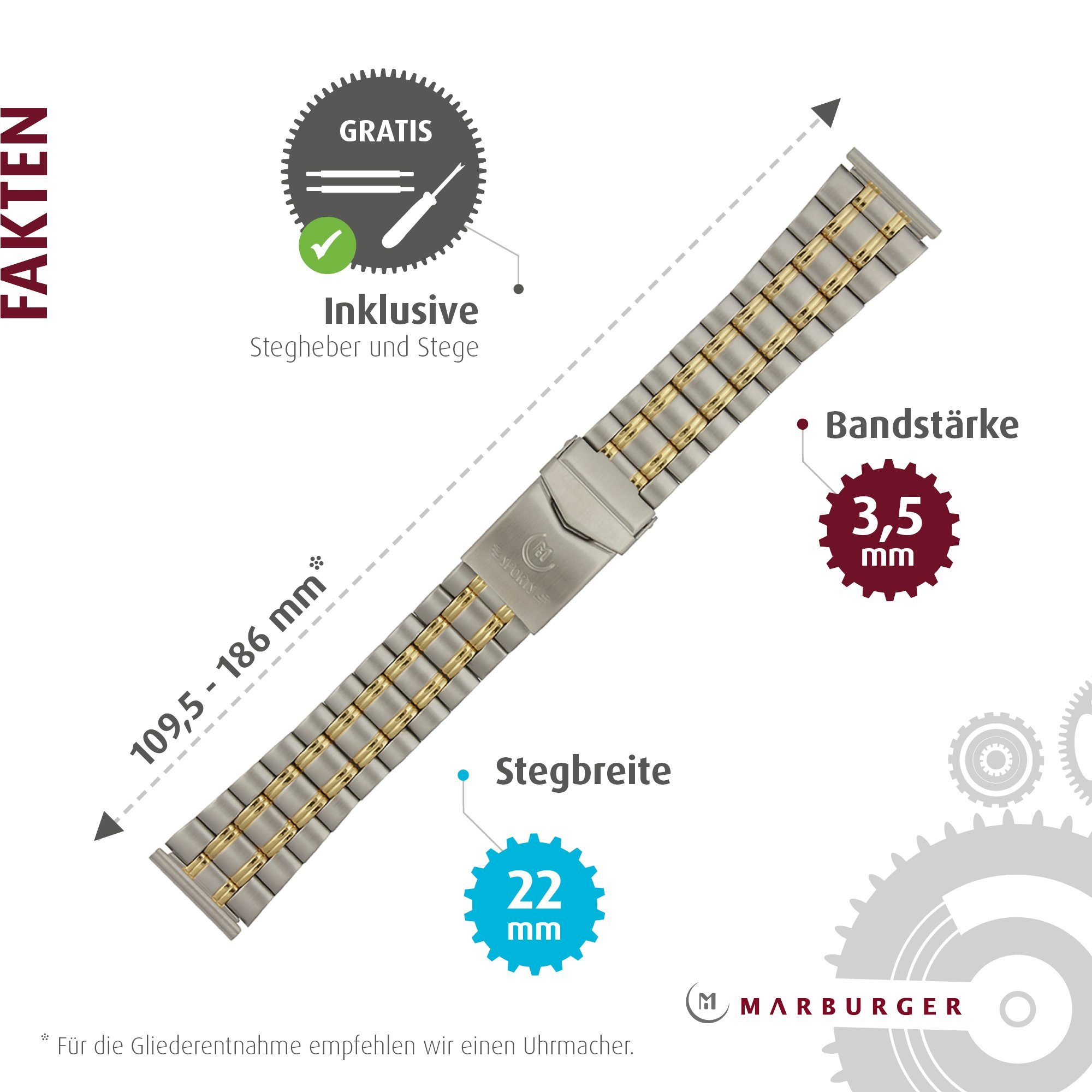 MARBURGER Uhrenarmband 22mm Edelstahl Silber