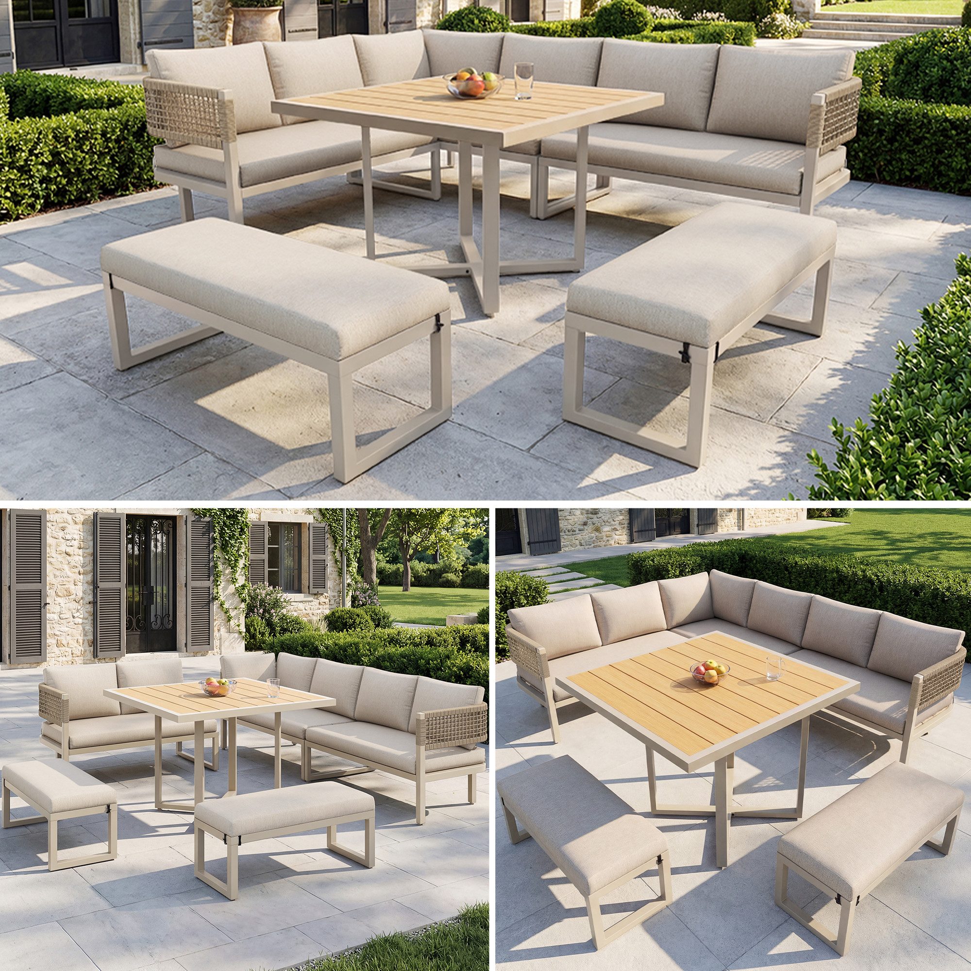 MC Star Gartenlounge-Set Garten-Lounge-Set, Möbelset für 8-10 Personen, Gartensofa, (mit großem Esstisch aus Kunststoffholz, Seilwerk, großer Tisch mit Holzmaserung, verstellbare Beine, alle Sitz- und Rückenkissen inklusive)