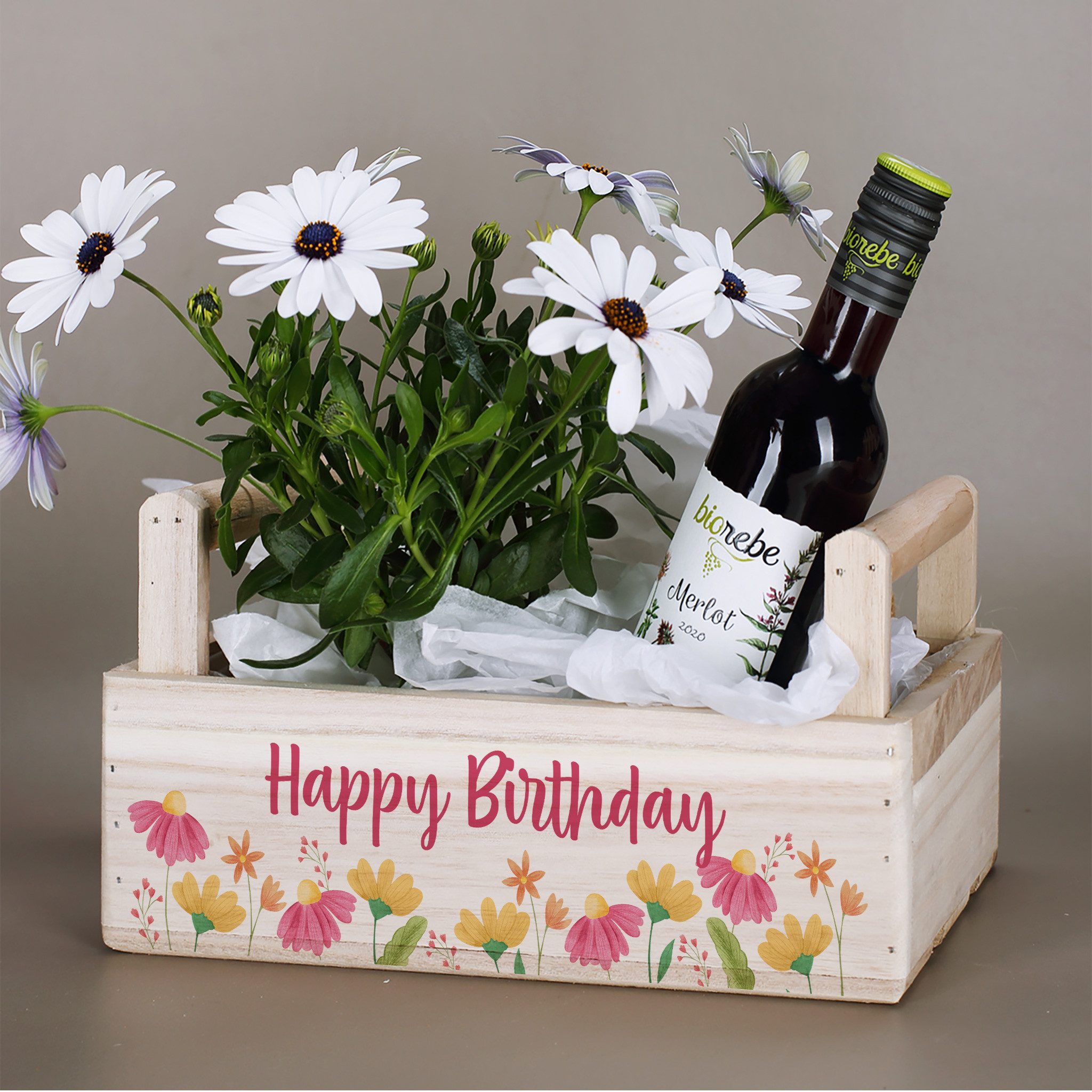 Herz & Heim Geschenkbox aus Holz - Geschenkkorb mit Blumen Motiv als Geschenkverpackung, mit Holzgriffen