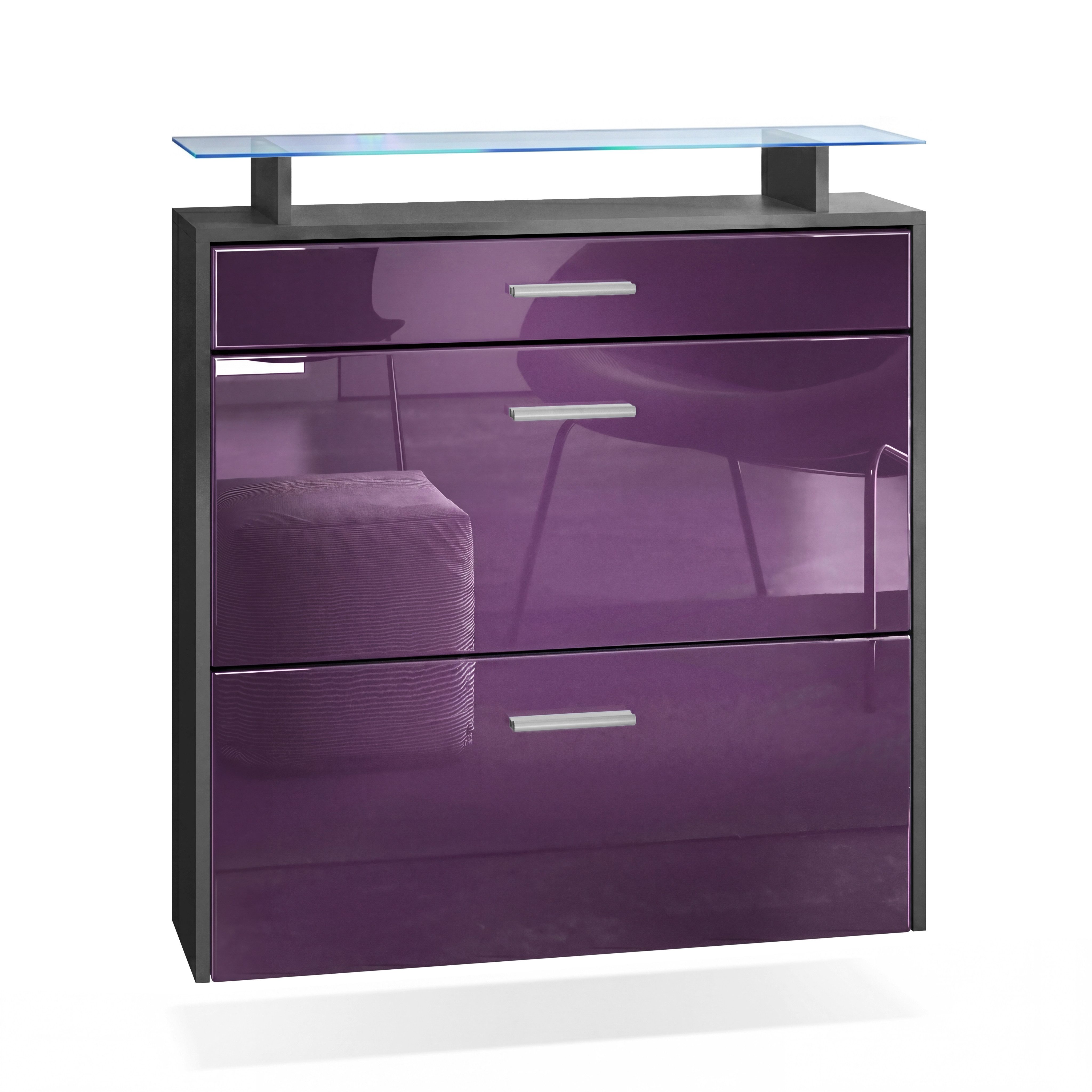 Vladon Schuhschrank Malea (hängender Schuhkipper für 16 Paar Schuhe, mit 2 Klappen und 1 Schublade und Glasablage) Anthrazit matt/Brombeer glänzend, mit Beleuchtung blau (89x96x23 cm)