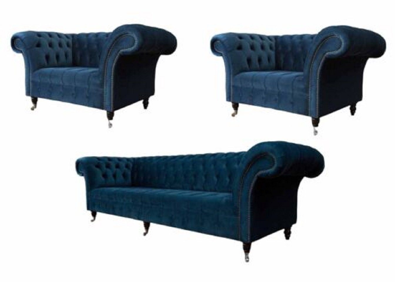 JVmoebel Wohnzimmer-Set Blaue Chesterfield Sofagarnitur Couch Polster Set Sitzgarnitur 3+1+1, (3-St., 3 Sitzer + 2x Sessel), Mit Chesterfield-Knöpfen