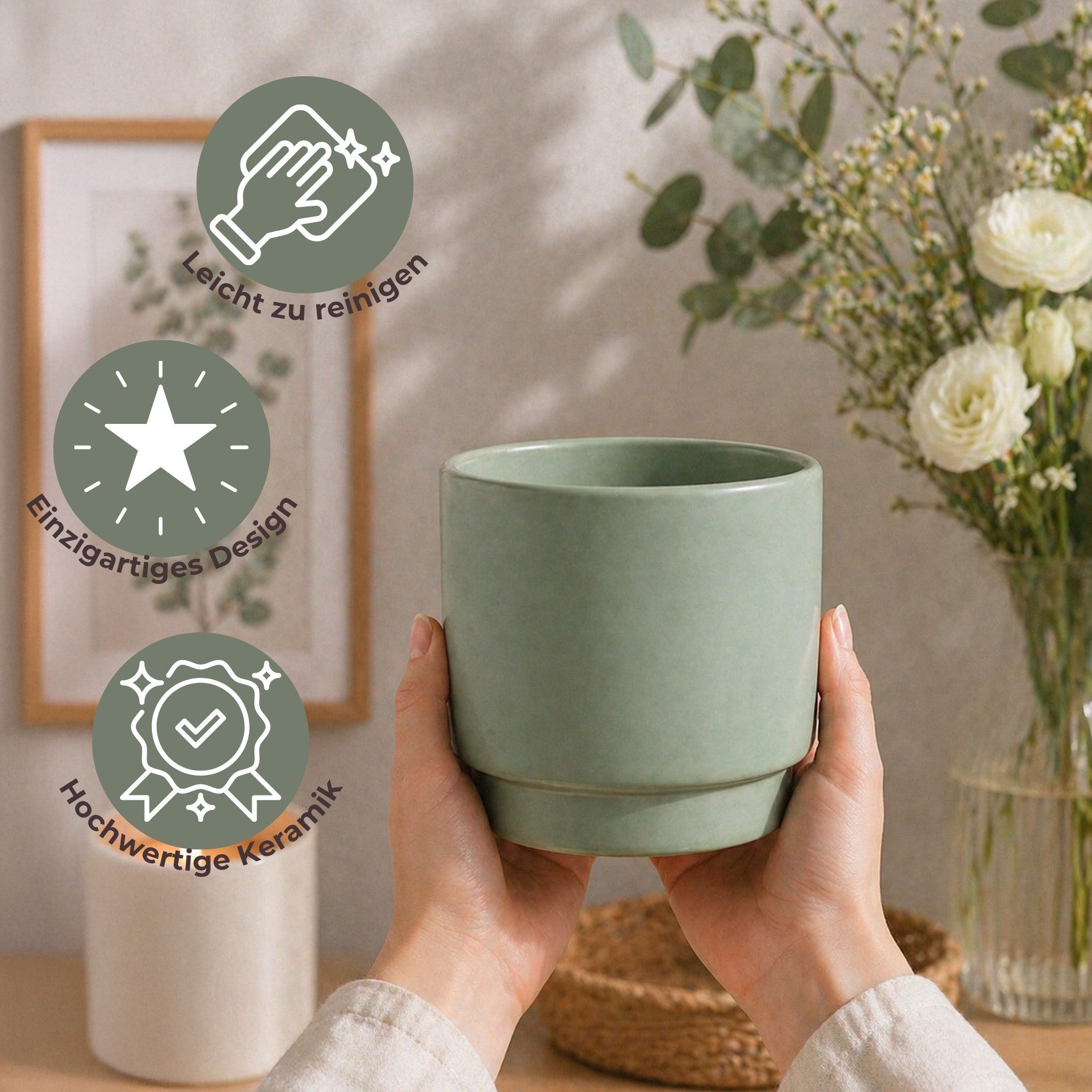 matches21 HOME & HOBBY Blumentopf Übertöpfe in Ø 10,5 cm, Salbeigrüne Blumentöpfe im 2er Set (2 St), Blumenübertöpfe aus Keramik für Zimmerpflanzen