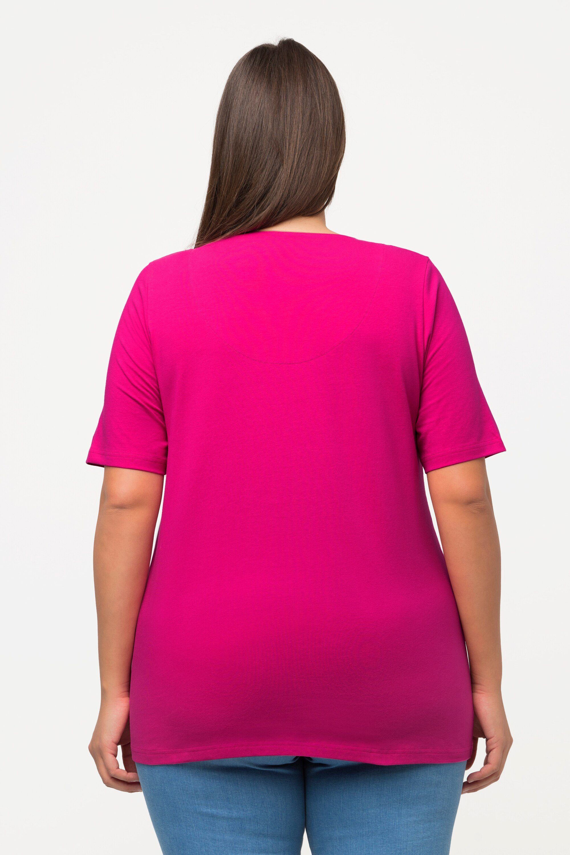 Ulla Popken Rundhalsshirt fuchsia pink Tunika-Ausschnitt T-Shirt A-Linie Halbarm