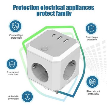 autolock 7 in1 Steckdosenwürfel,Mehrfachsteckdose Steckdosenadapter Mehrfachsteckdose, mit Schalter,4 Steckdosen,1C-Typ und 2 USB für Büro,Zuhause