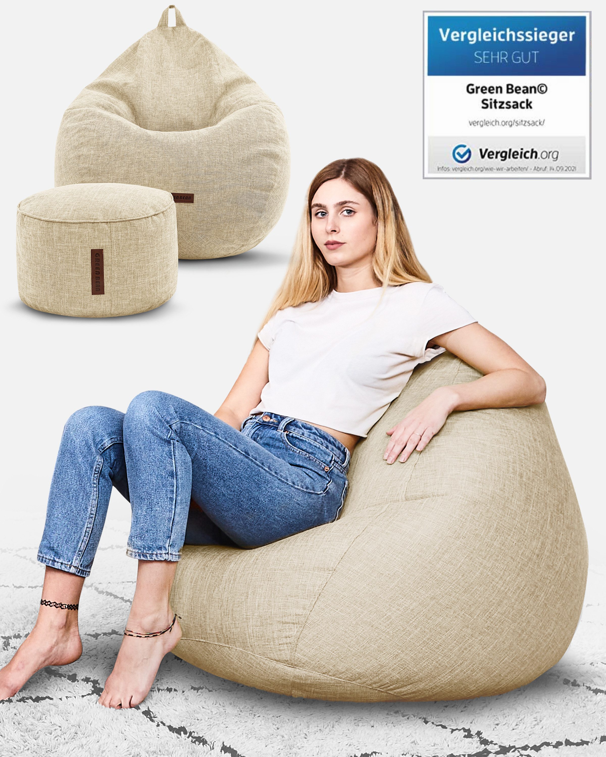 Green Bean Sitzsack Indoor Sitzsack L Home Linen + Hocker (2er Set Indoor Sitzsack 80x90x50cm + Sitzpouf 45x25cm mit EPS-Perlen Füllung -, Fußhocker Fußkissen Sitz-pouf Bodenkissen Liegekissen), Sitzkissen Lounge Chair Sitzhocker Relax-Sessel Bean Bag