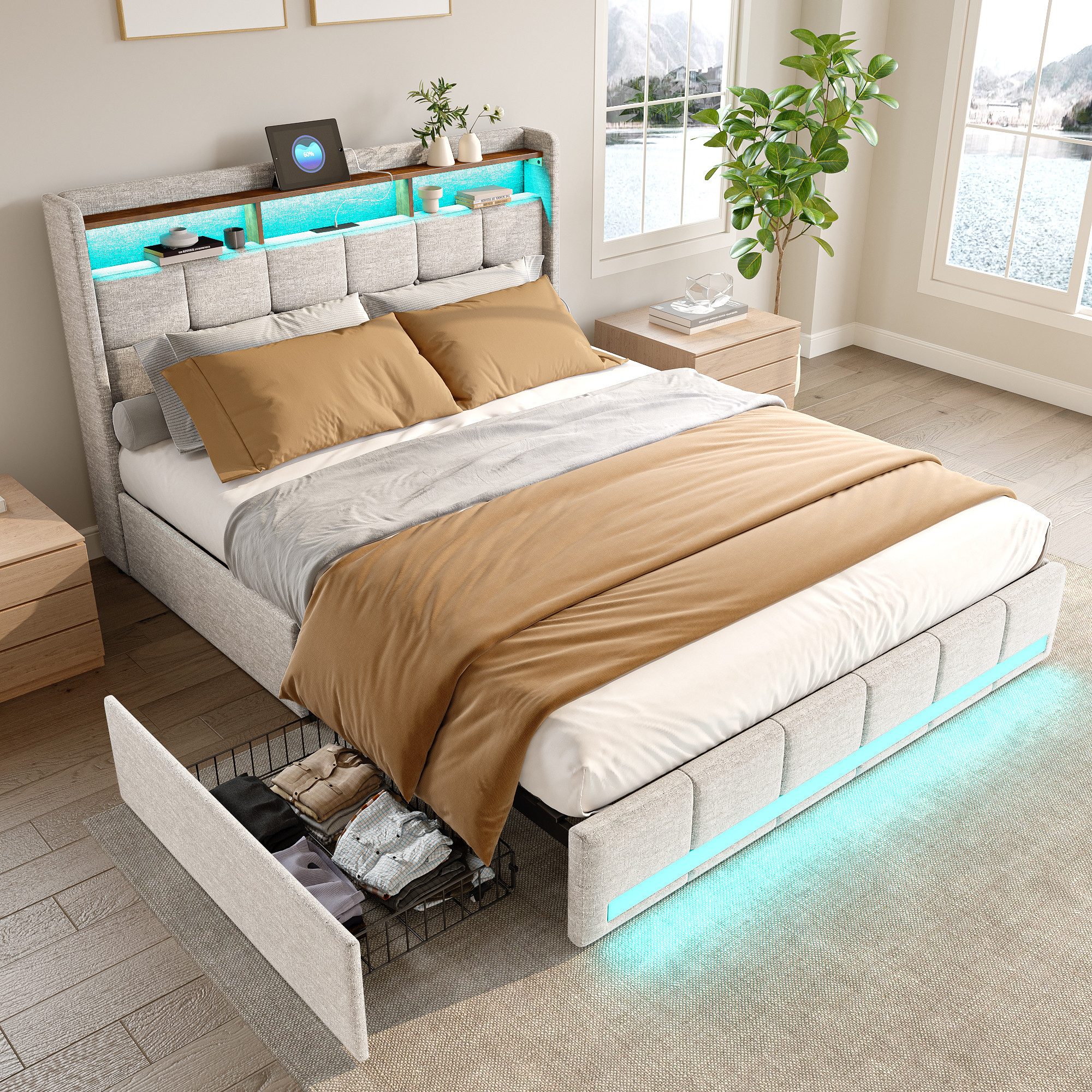 NMCXXO Funktionsbett LED-Beleuchtetes Polsterbett mit USB-Ports, Modernes Bett mit Stauraum und LED-Beleuchtung
