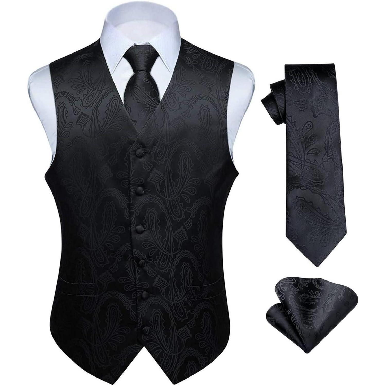 Krawatte Weste Herren Hochzeit Jacquard Krawatte Einstecktuch floral L Black-3