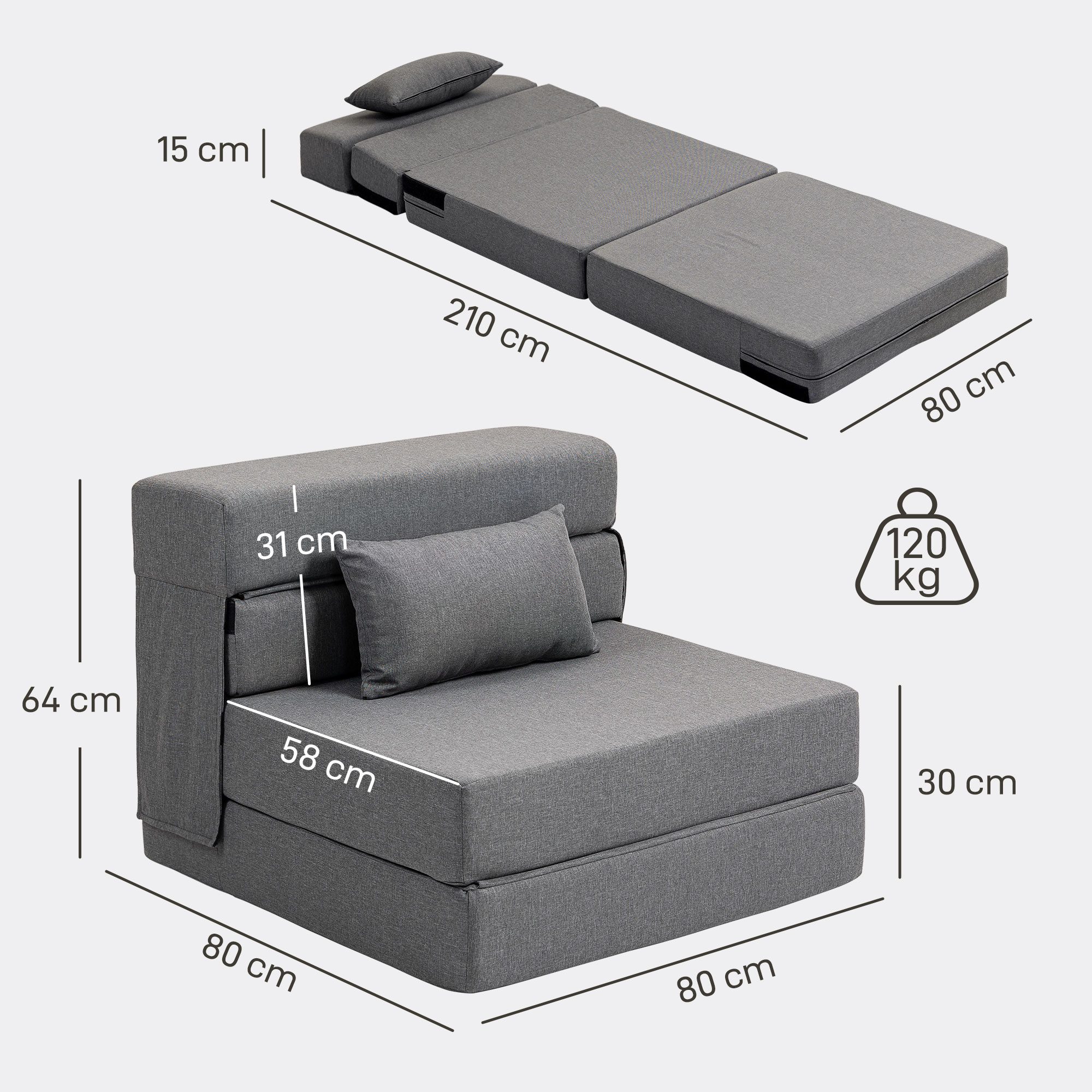 HOMCOM Schlafsofa Klappbar Sessel mit Verstellbarer Rückenlehne Kissen Gästebett, Gästebett 1 Teile, 3-in-1 Schlafsessel, klappbar, platzsparend – Bild 3 von 5