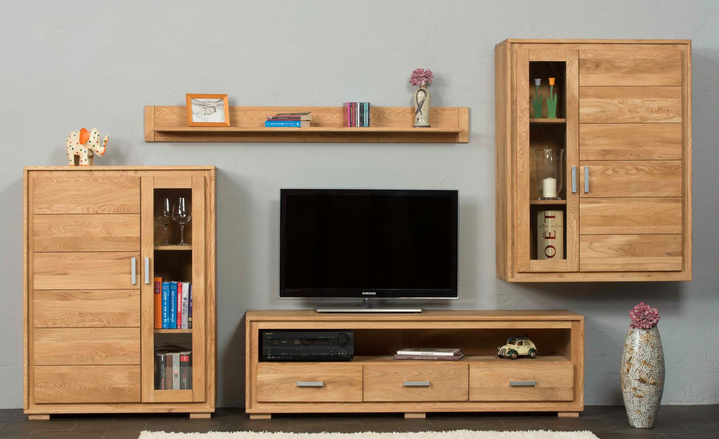 Trendmöbel24 Wohnwand Wohnzimmerschrank Basel Set IV 4-teilig Wildeiche Massivholz, (Komplett-Set, 4-St., Hängevitrine, Lowboard, Highboard, Wandboard)