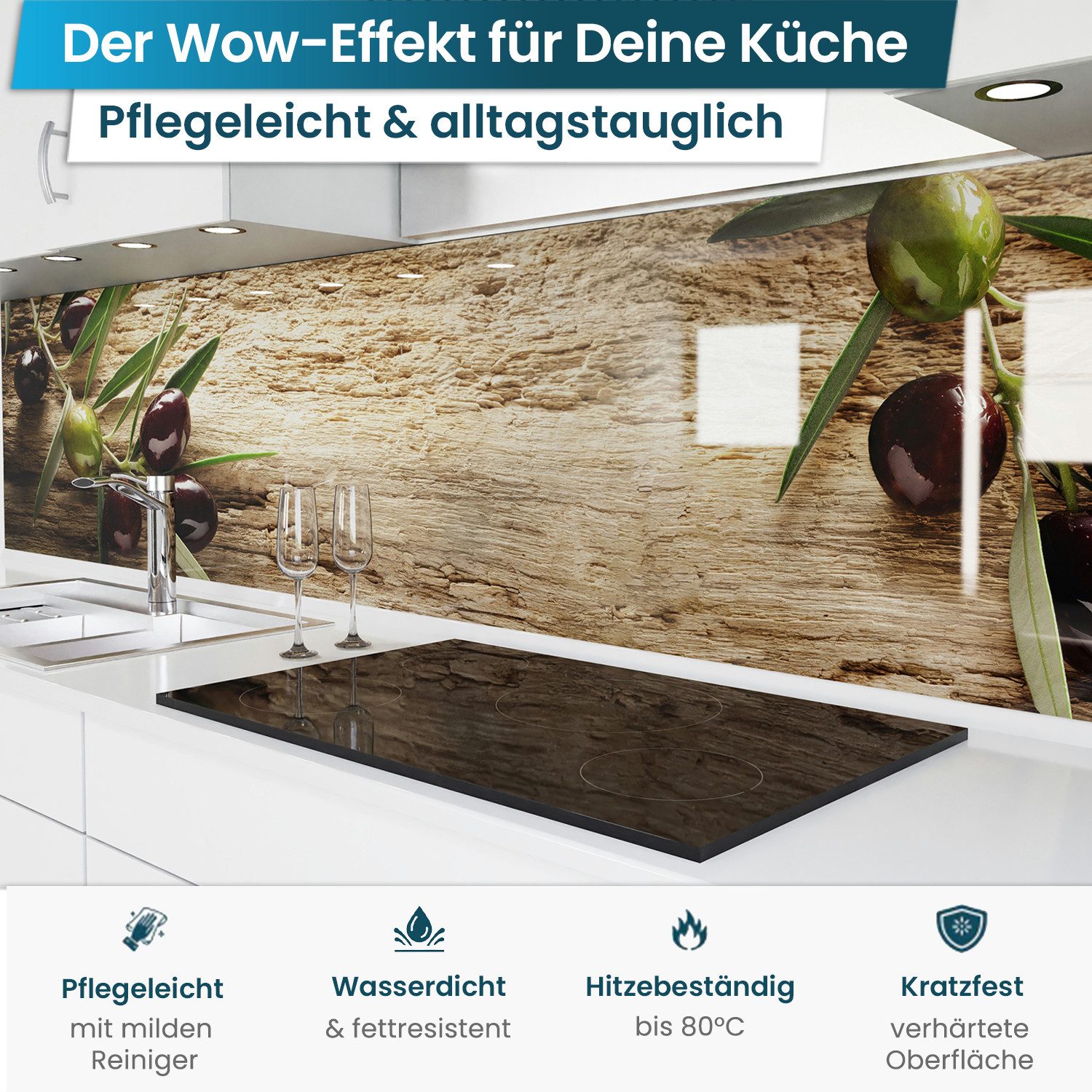 danario Küchenrückwand Folie selbstklebend, Glasoptik, Spritzschutz Küche, ablösbar - 0,8 mm