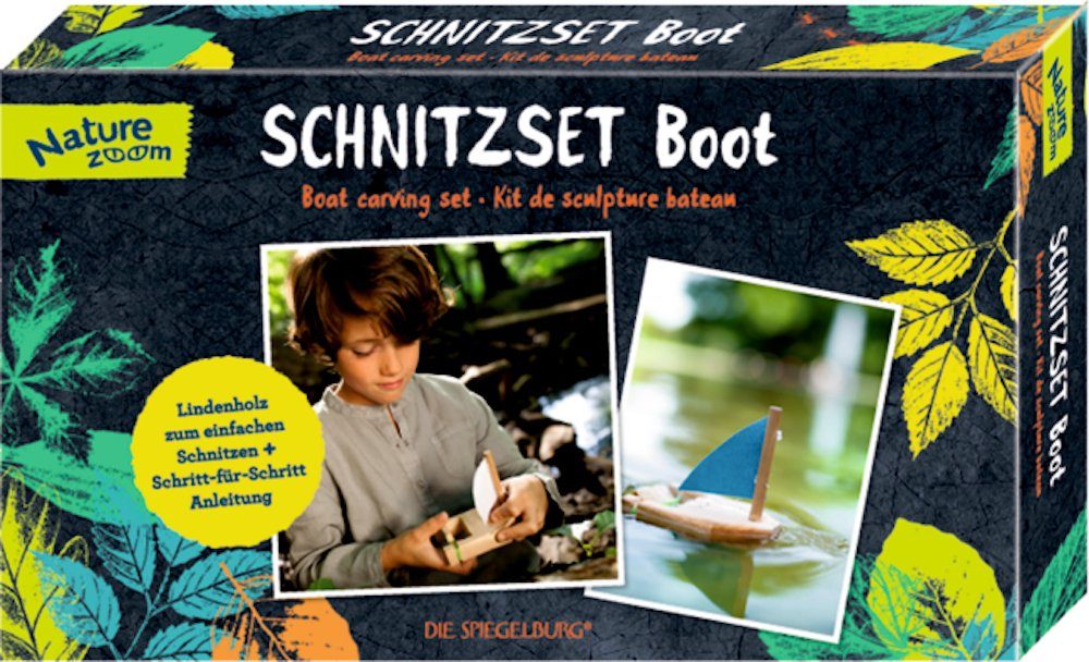 COPPENRATH DIE SPIEGELBURG Bastelnaturmaterial Schnitzset Boot Natur Zoom Bastelset 9-teilig Lindenholz, (Set 9-tlg), einfaches Schnitzset