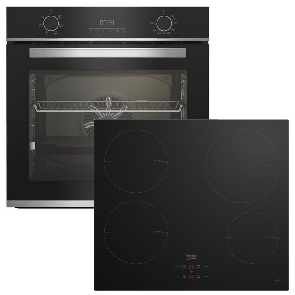 BEKO Induktions Herd-Set Einbauherd Set Schwarz Autark Backofen Umluft Teleskopauszug + Induktion Kochfeld NEU, mit Teleskopauszug nachrüstbar