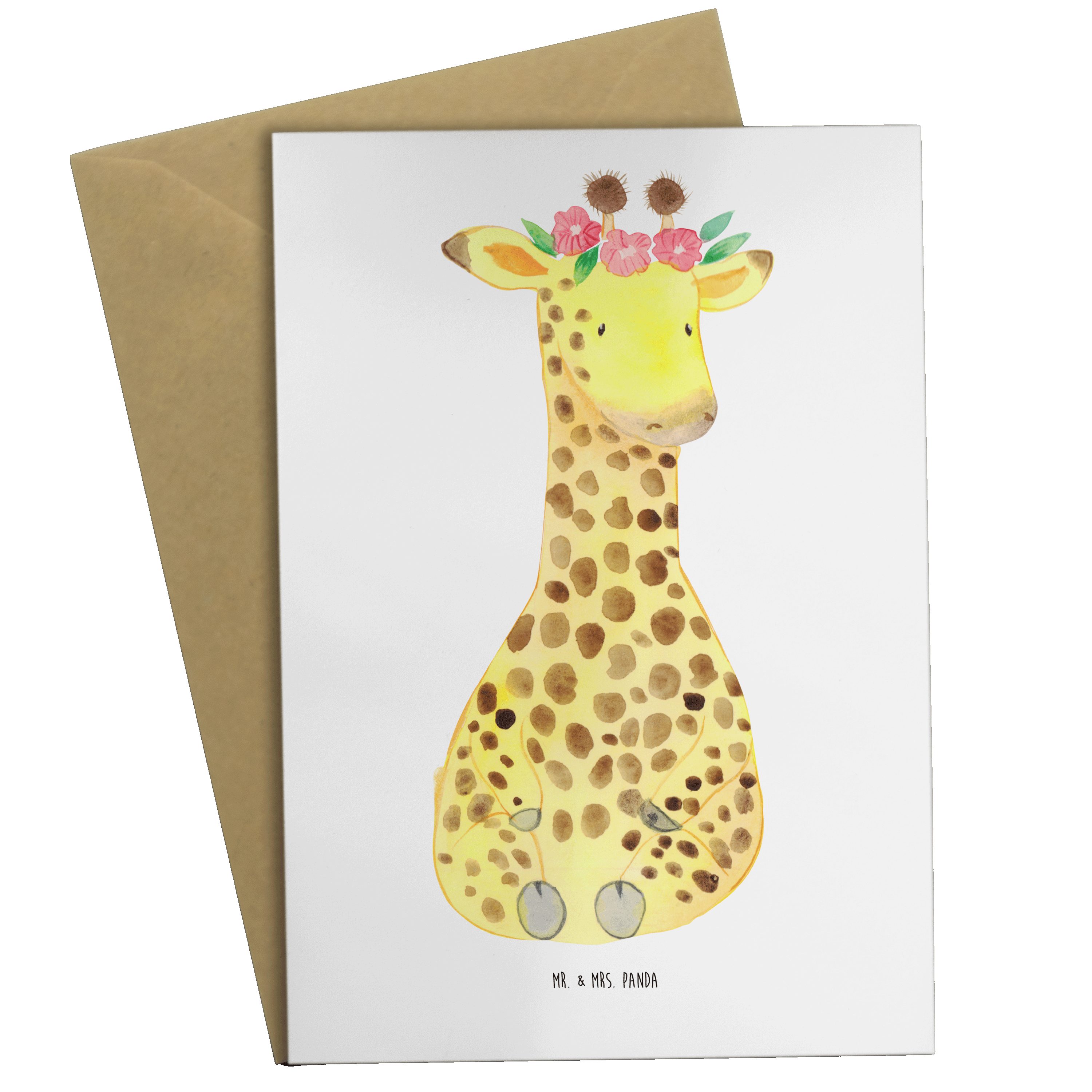 Mr. & Mrs. Panda Grußkarte Giraffe Blumenkranz - Weiß - Geschenk, Wildtiere, Karte, Geburtstagsk