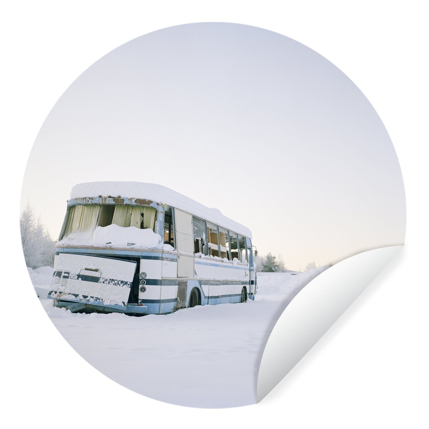 MuchoWow Wandsticker Bus - Jahrgang - Schnee (1 St), Tapetenkreis für Kinderzimmer, Tapetenaufkleber, Rund, Wohnzimmer