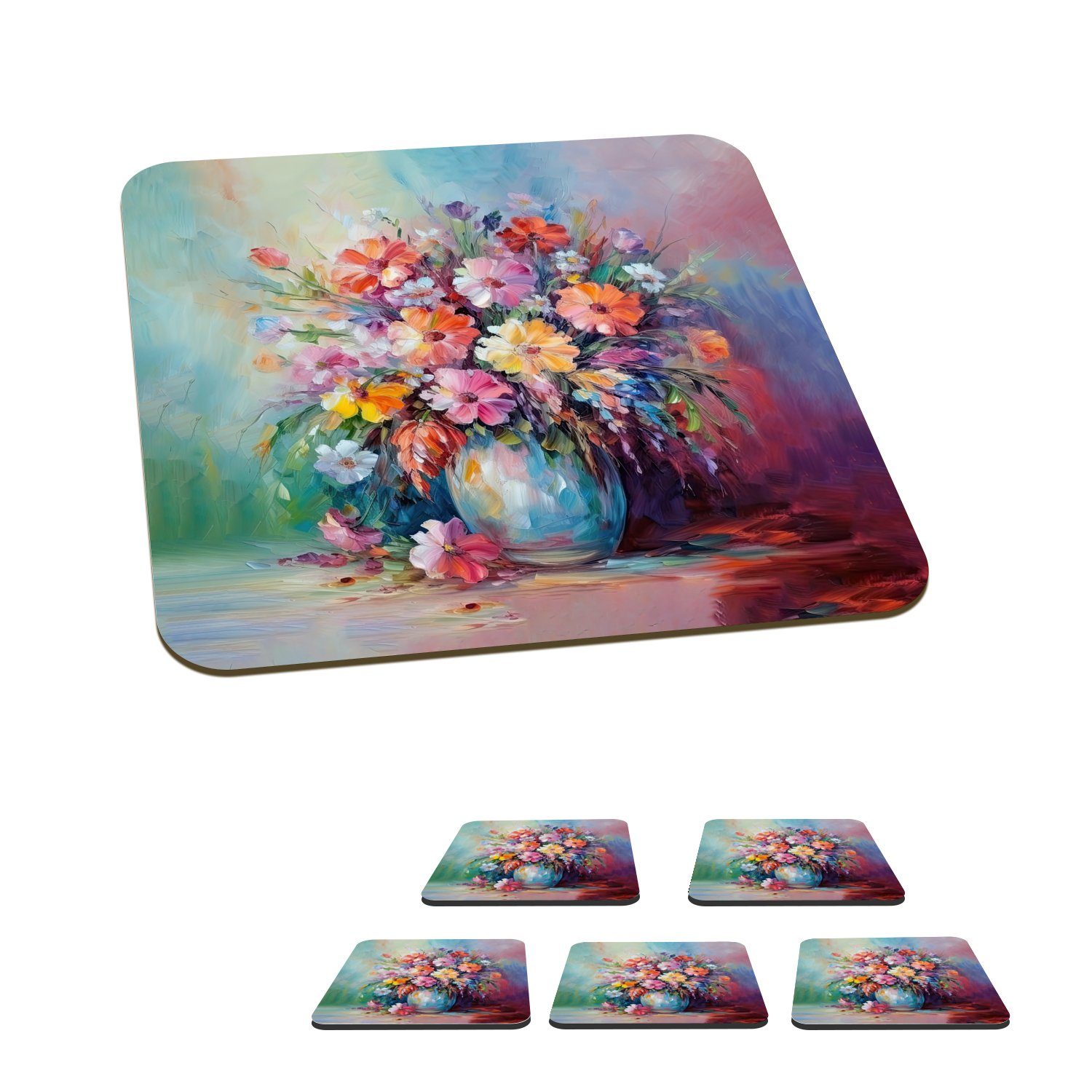 MuchoWow Glasuntersetzer Blumen - Kunst - Malerei - Frühling - Blumenstrauß, Zubehör für Gläser, 6-tlg., Glasuntersetzer, Tischuntersetzer, Korkuntersetzer, Untersetzer, Tasse