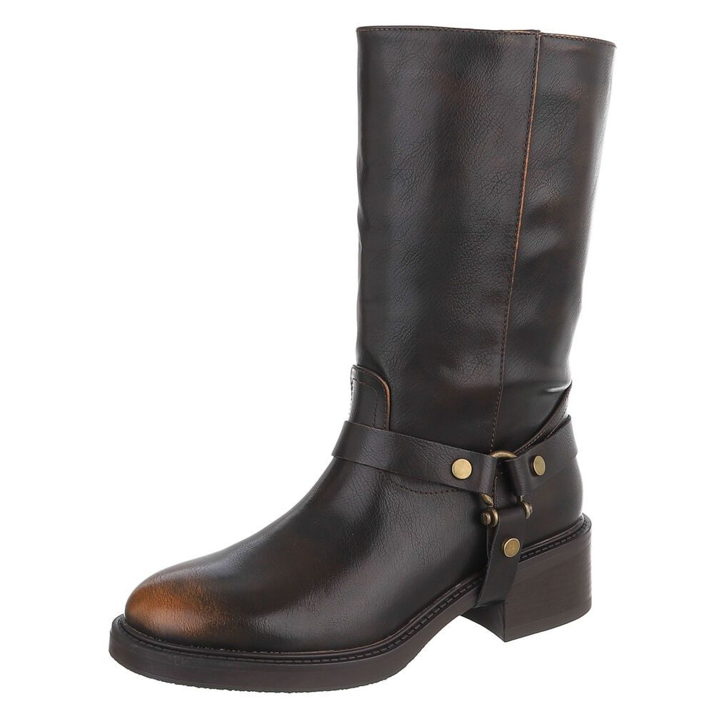 Ital-Design Damen Kniehoher Stiefel mit Riemen und Blockabsatz Westernstiefel (92299830) Blockabsatz Stiefel in Schwarz