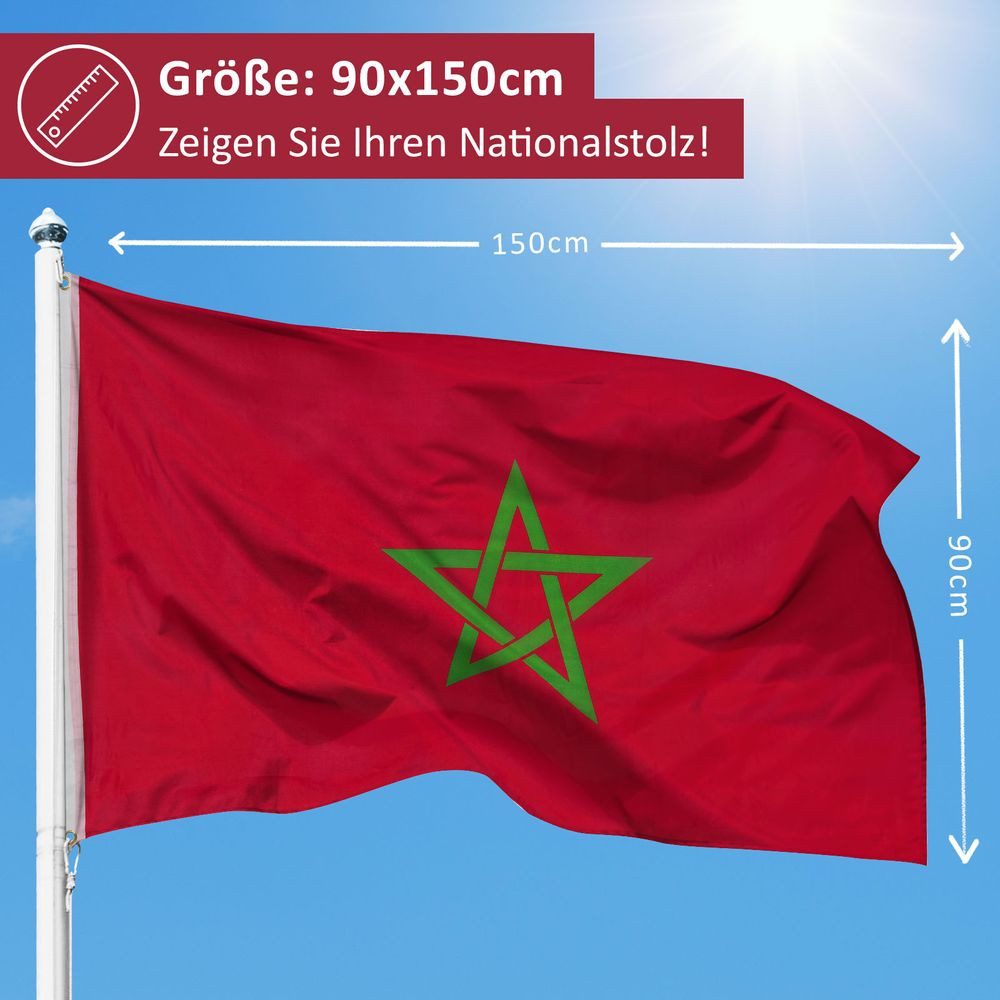 PHENO FLAGS Flagge Marokko Flagge 90 x 150 cm Marokkanische Fahne Marocco (Hissflagge für Fahnenmast), Inkl. 2 Messing Ösen