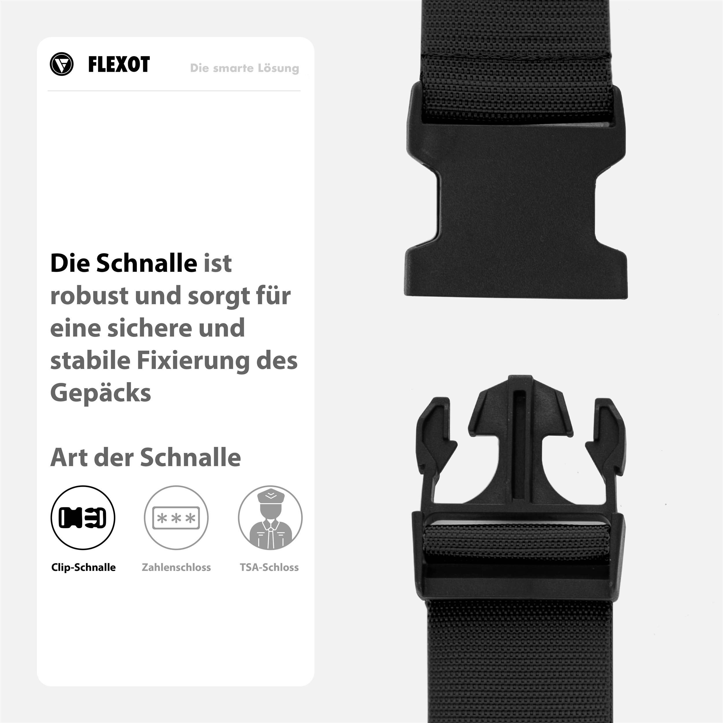 Flexot Koffergurt Koffergurt mit Clip-Schnalle, verstellbare Länge, Namensschild, Flexibel anpassbarer und stabiler Gurt mit praktischer Schnalle