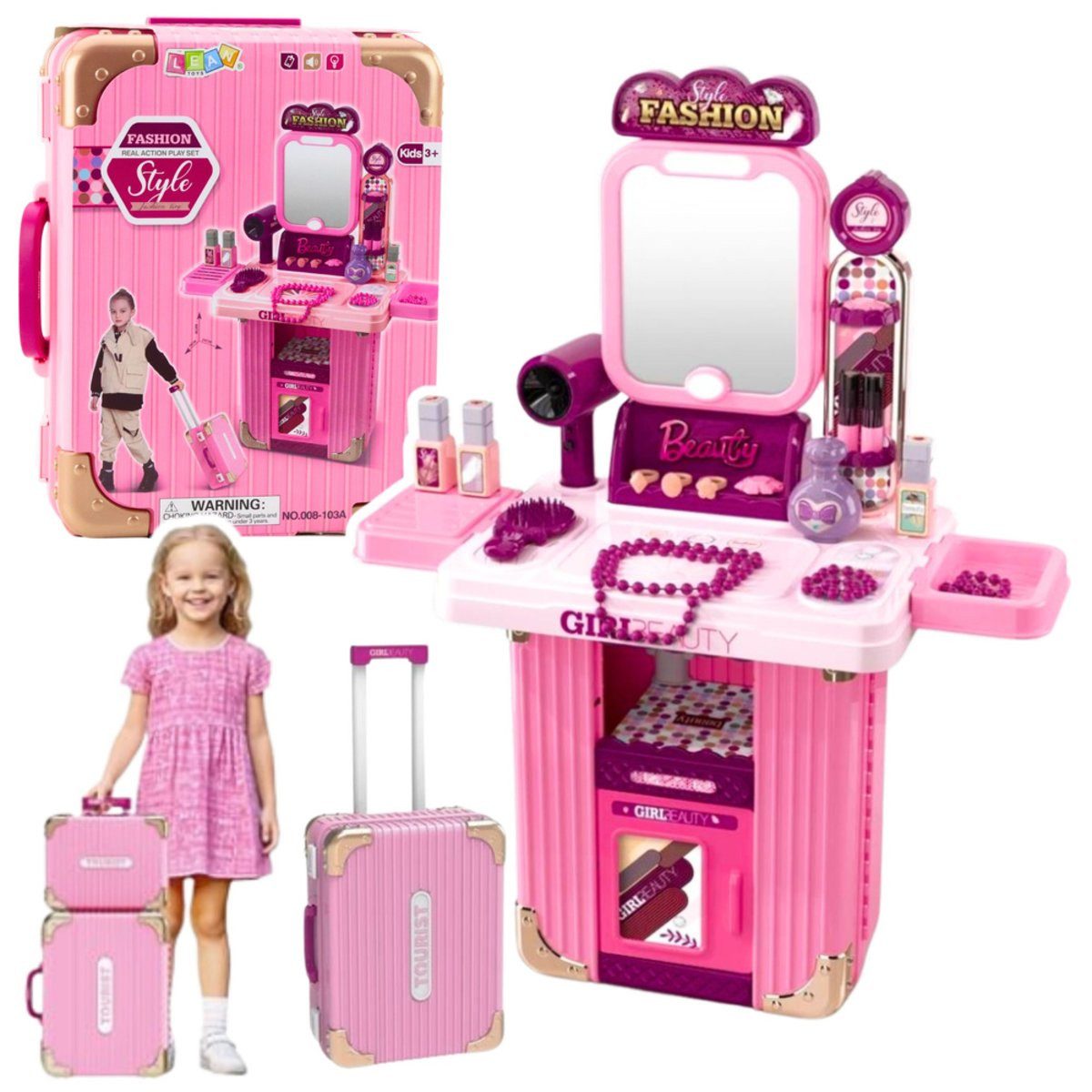 Wisam Lernspielzeug Schminktisch-Make-up-Set im Koffer, Zubehör 2 in 1, Rosa