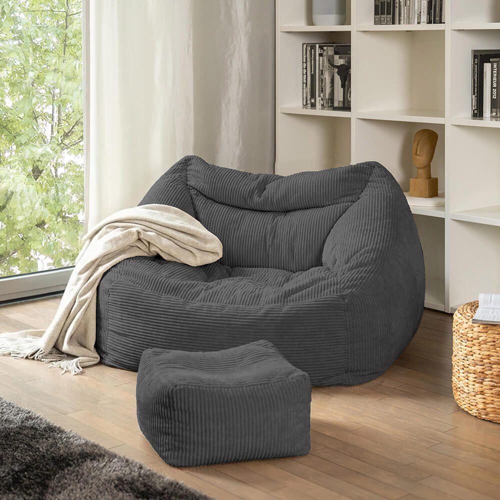 HOME DELUXE Sitzsack mit Hocker COZY – Beige, Weicher Samtstoff in Cord-Optik, Cord-Sessel