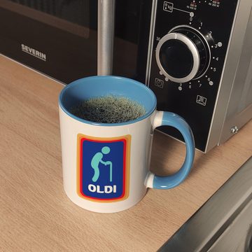speecheese Tasse Oldi Discounter Kaffeebecher mit Innenseite und Griff in Hellblau für
